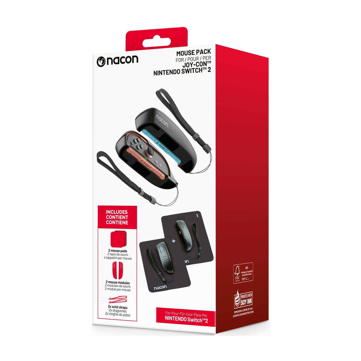 Un Mouse Pack Nacon per Nintendo Switch 2, con tappetini per mouse, moduli e cinturini da polso. La confezione è rossa e bianca.