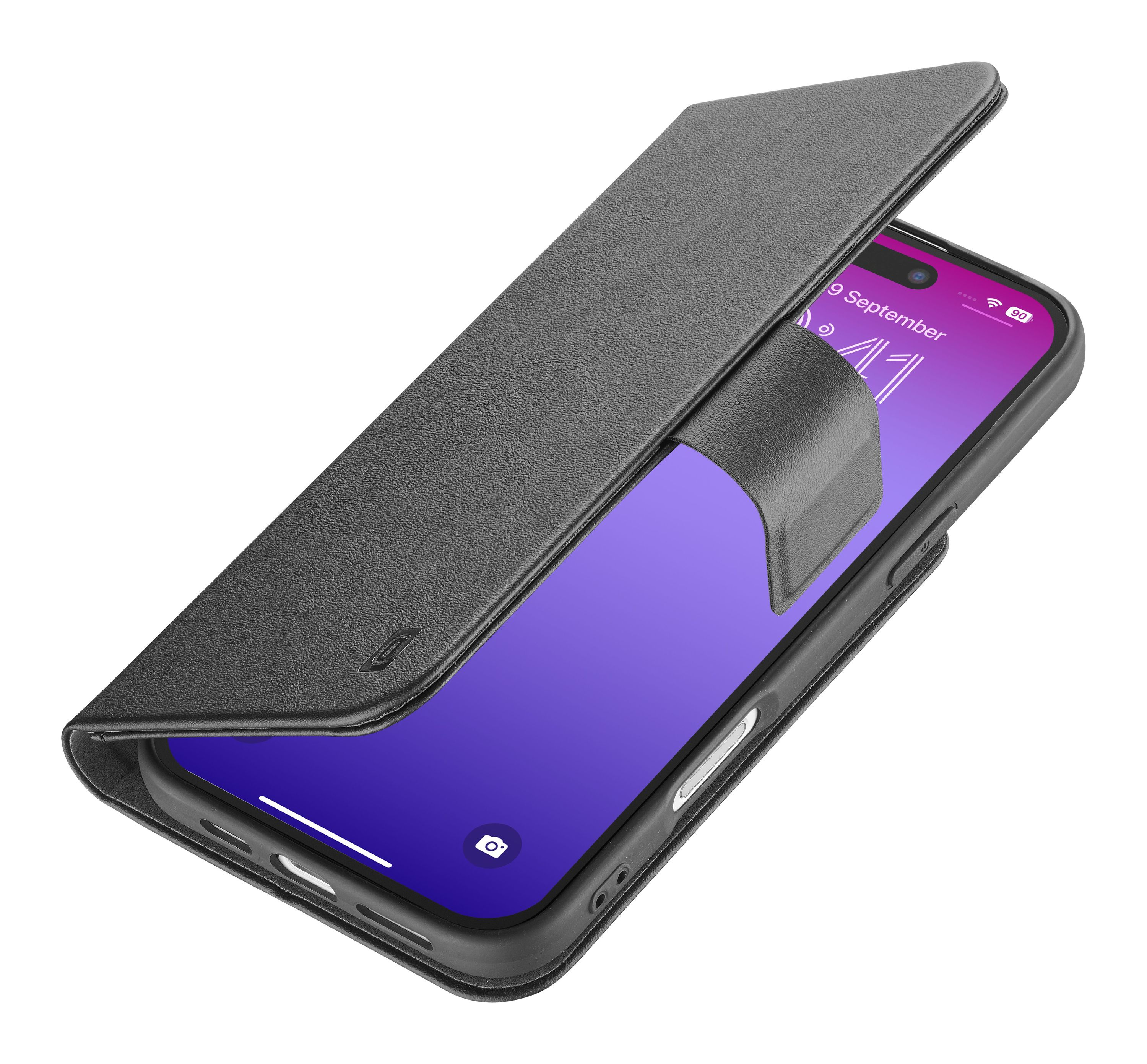 Ein schwarzes Telefon in einer Lederhülle ist geöffnet dargestellt. Das Telefon zeigt das Datum und einen lila Farbverlauf.
