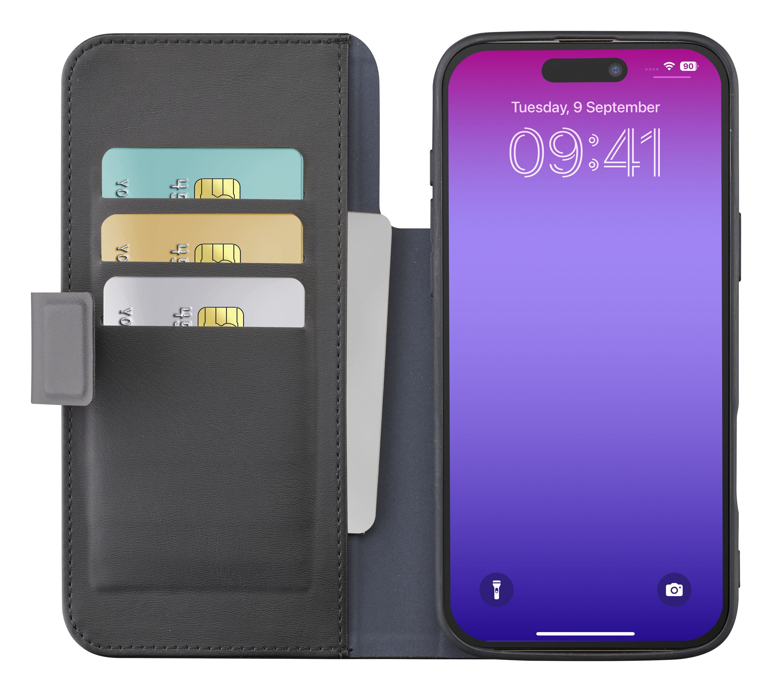 Smartphone in einer Brieftasche. Der Bildschirm zeigt Datum, Uhrzeit und Akkustand. Kreditkarten sind sichtbar.