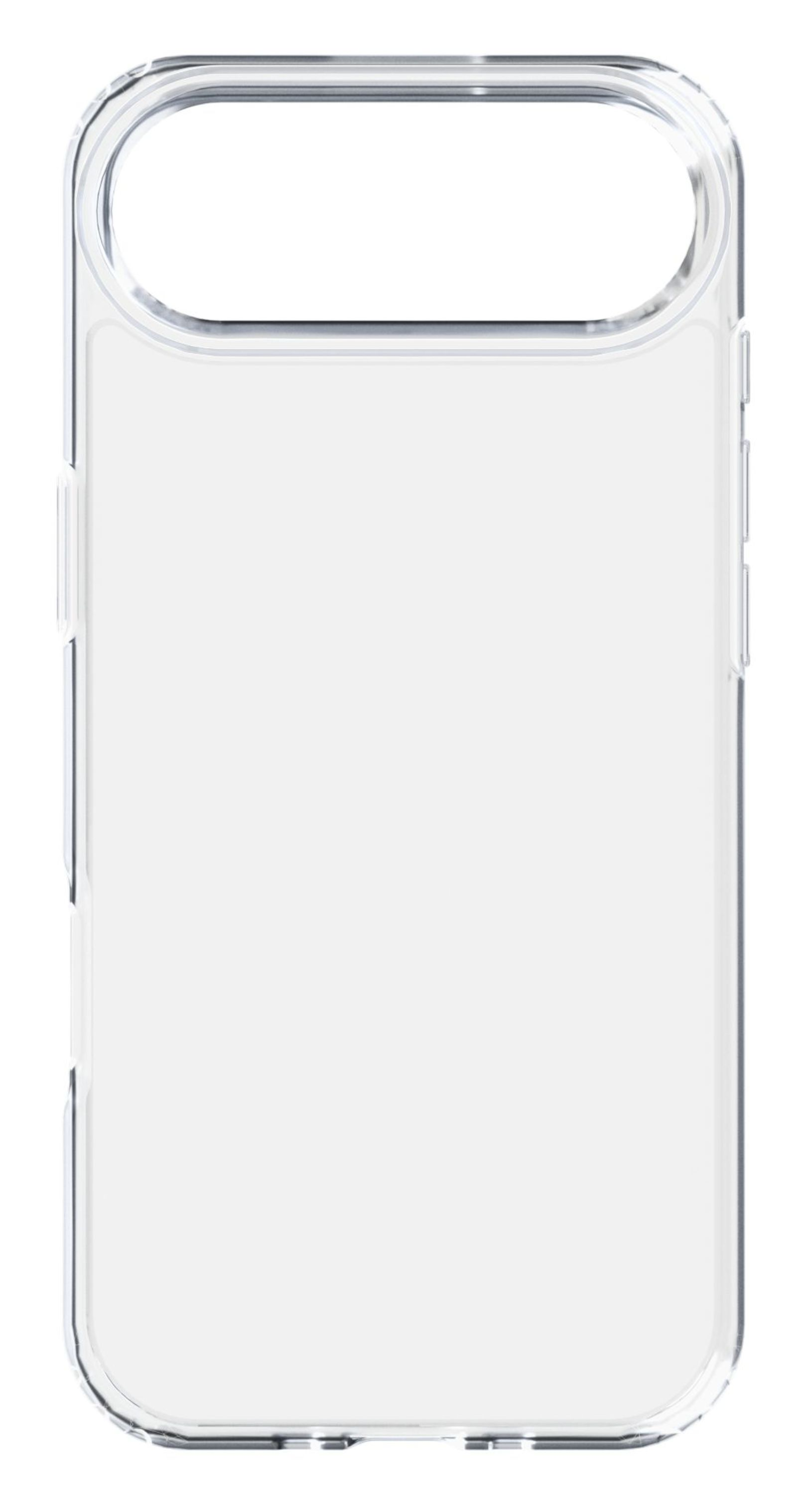 Eine klare, transparente Handyhülle. Sie hat eine rechteckige Form mit abgerundeten Ecken und einen Ausschnitt für die Kamera und Tasten.