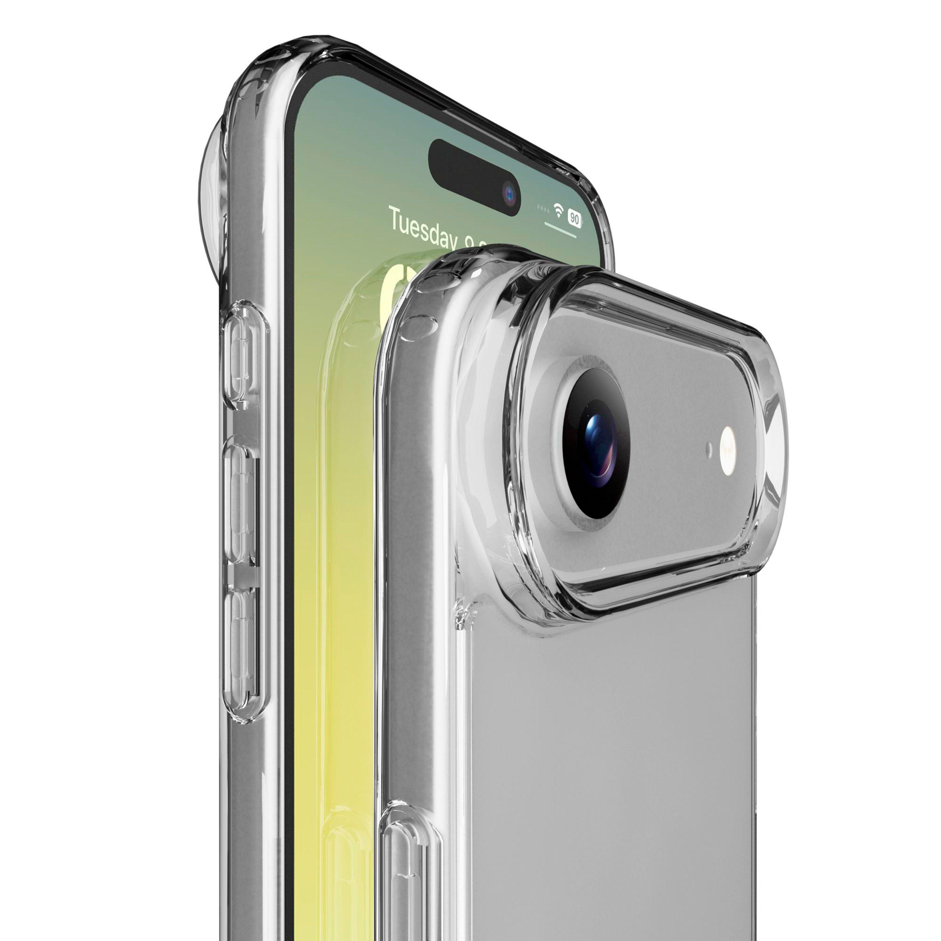 Transparente Handyhülle mit externer Kameralinse an einem iPhone. Der Bildschirm zeigt die Uhrzeit und den Akku.
