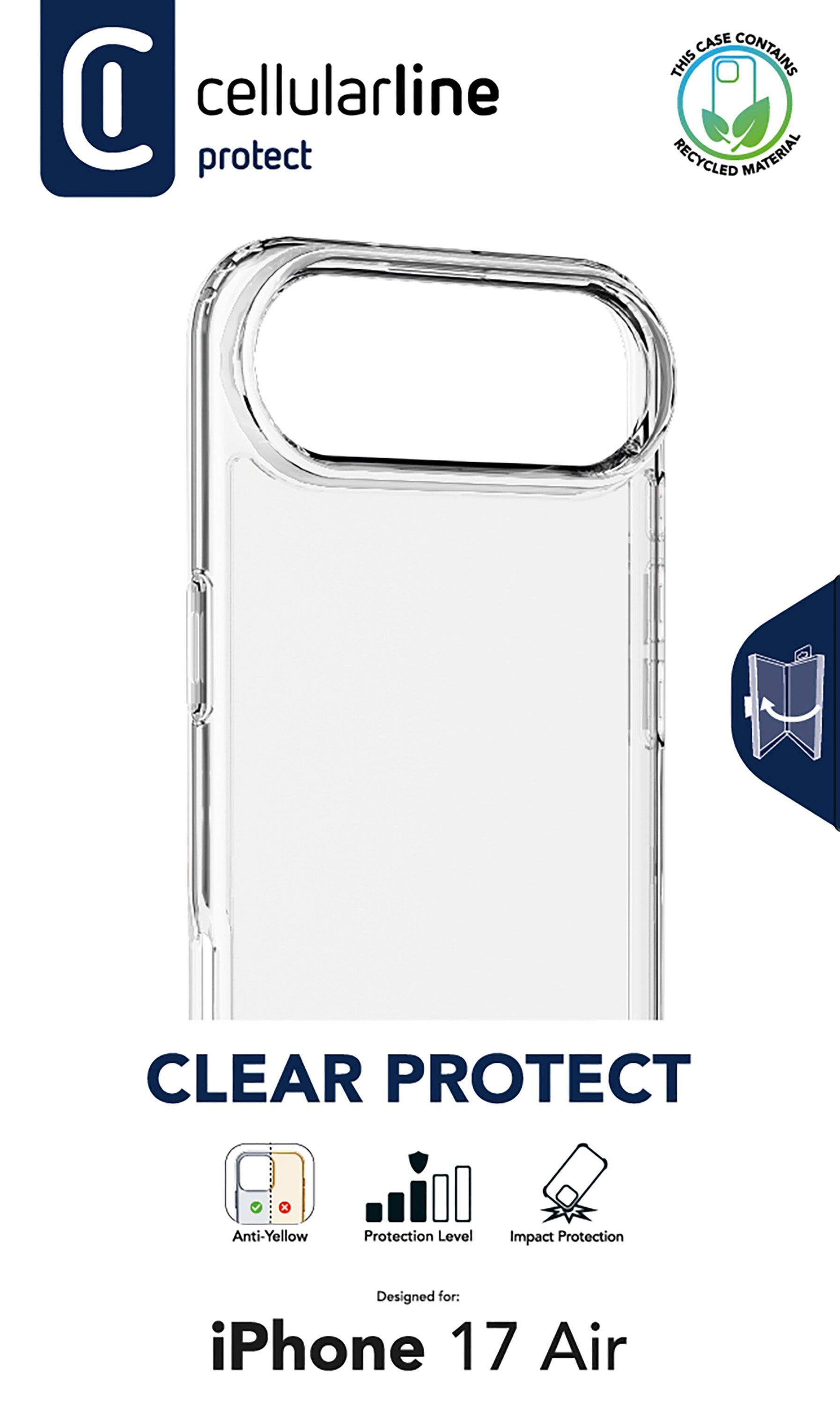 Klare iPhone 17 Air Hülle von Cellularline mit Anti-Gelb-, Schutzlevel- und Aufprallschutz-Funktionen.