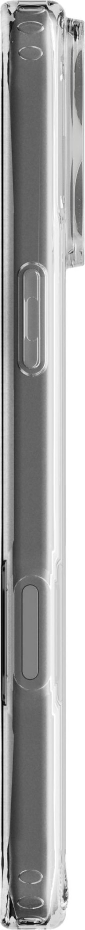 Seitenansicht einer transparenten Handyhülle. Es hat Knopfausschnitte und eine erhöhte Kante. Das Telefon ist nicht sichtbar.