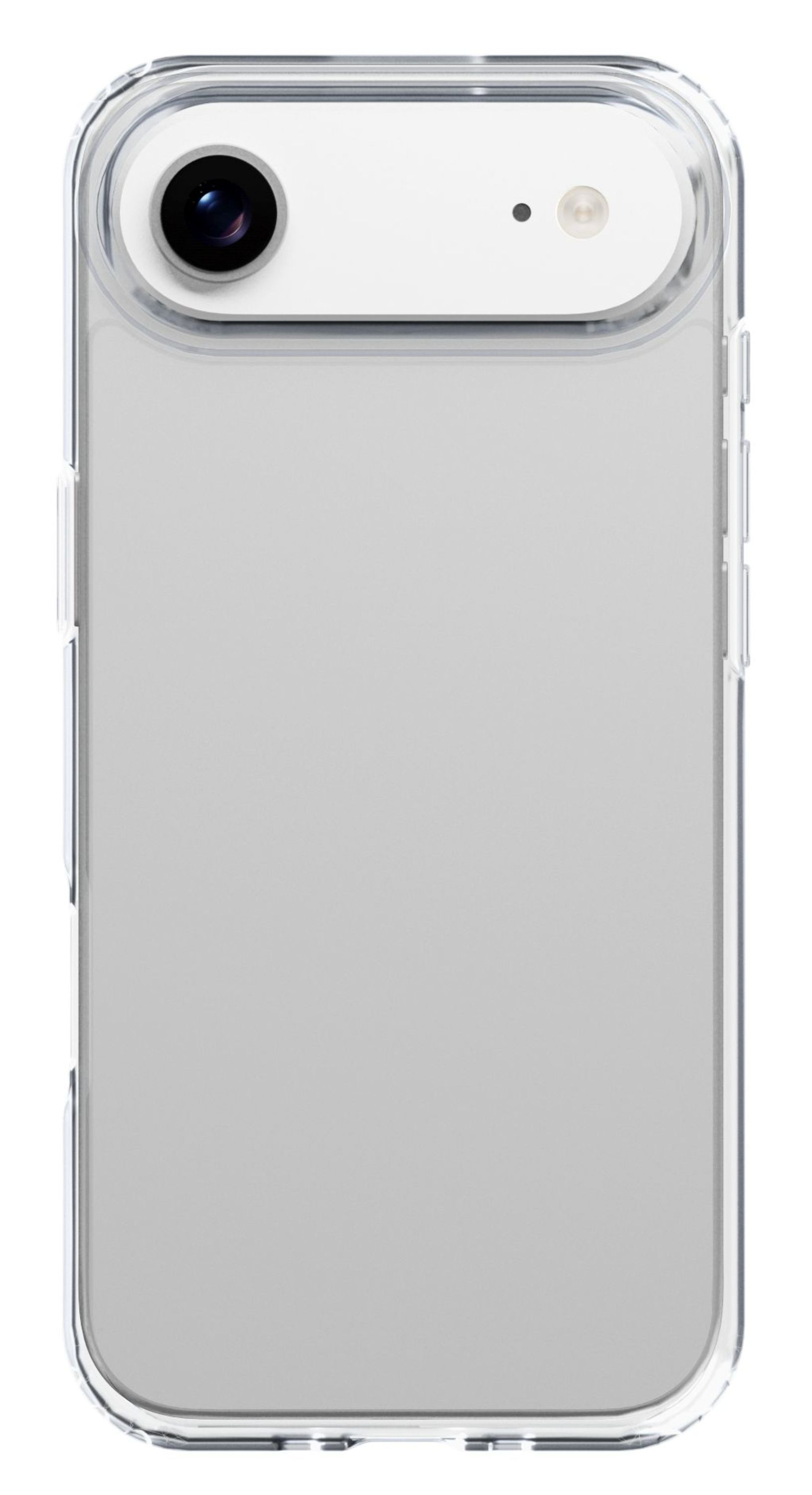 Eine transparente Handyhülle auf weißem Hintergrund. Mit Kamera- und Blitz-Ausschnitt. Die Rückseite des Telefons ist sichtbar.