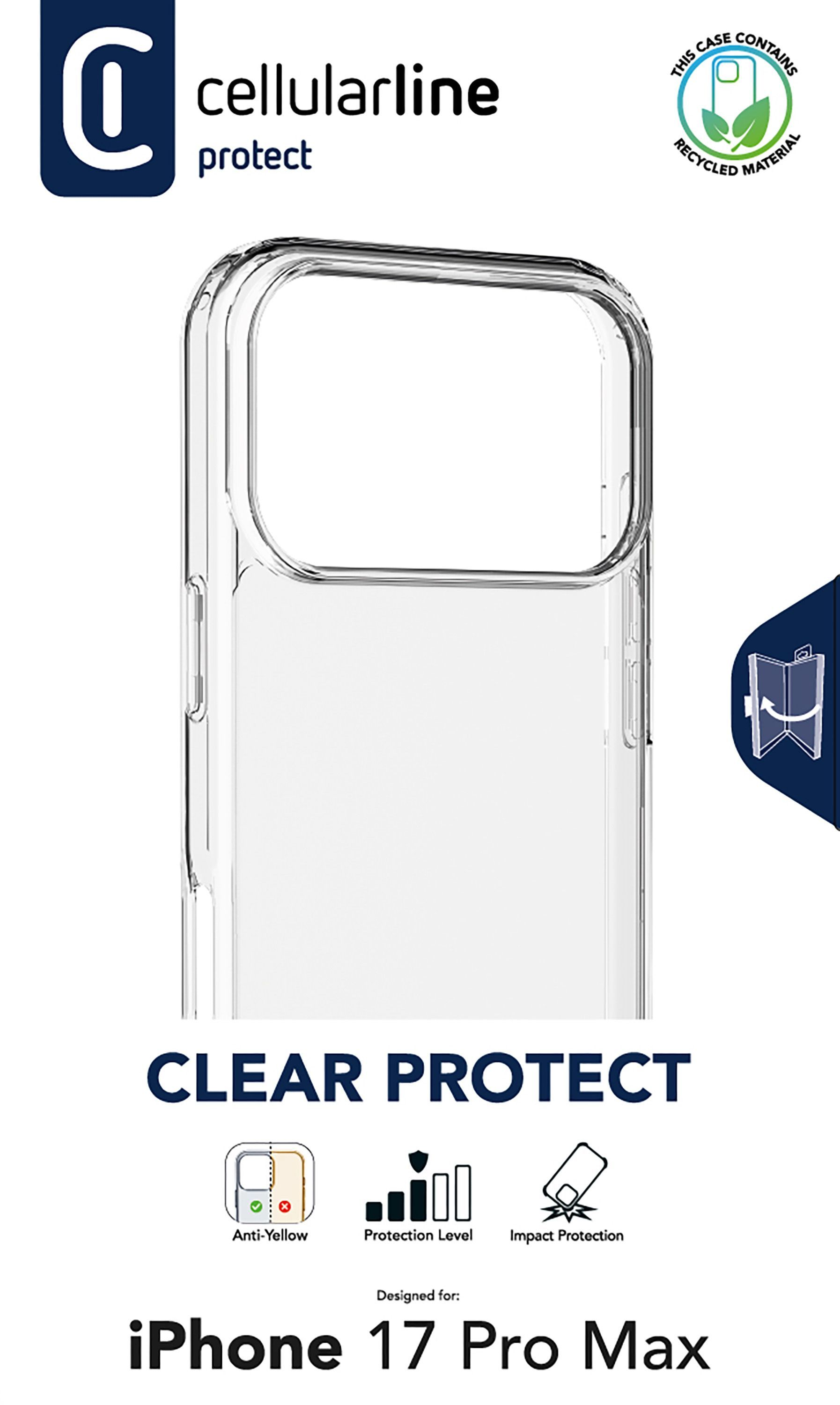 Transparente iPhone 17 Pro Max Hülle. Markenname und Symbole für Schutzfunktionen. Recyceltes Material-Abzeichen.