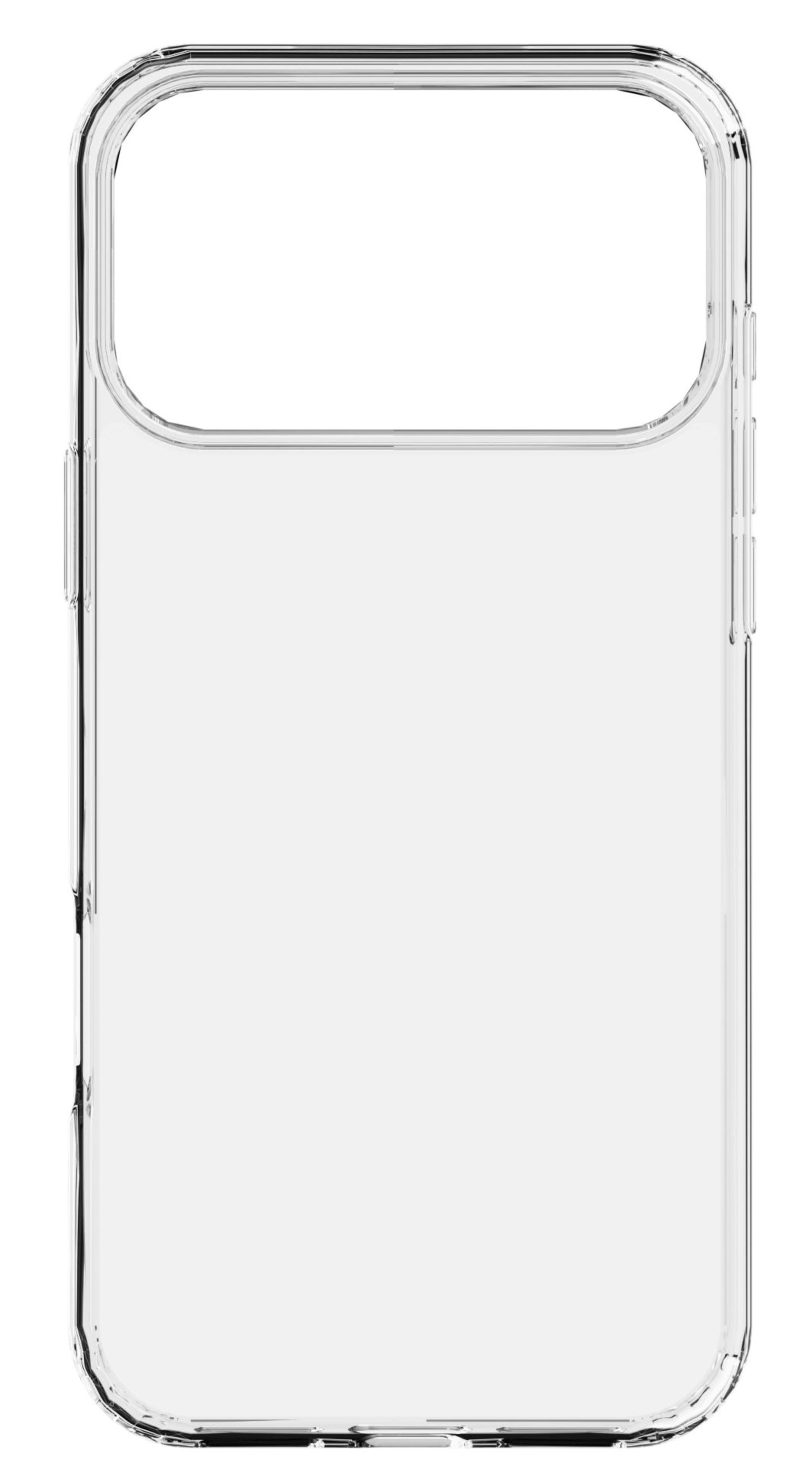 Eine transparente Handyhülle mit rechteckiger Form und abgerundeten Ecken, passend für ein Smartphone.