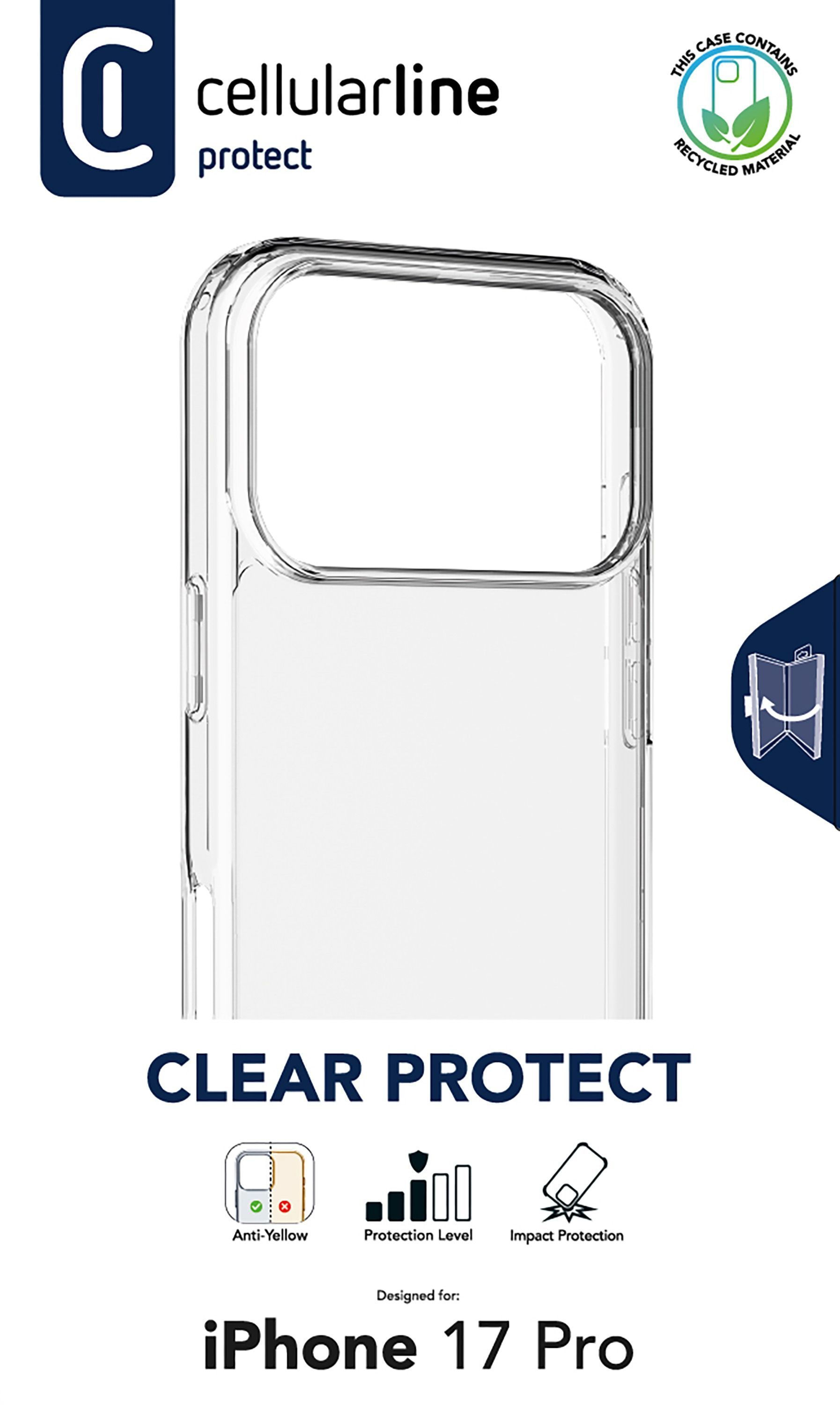 Transparente Handyhülle für iPhone 17 Pro. Eigenschaften: Anti-Vergilbung, Schutzlevel und Aufprallschutz. Enthält recyceltes Material.