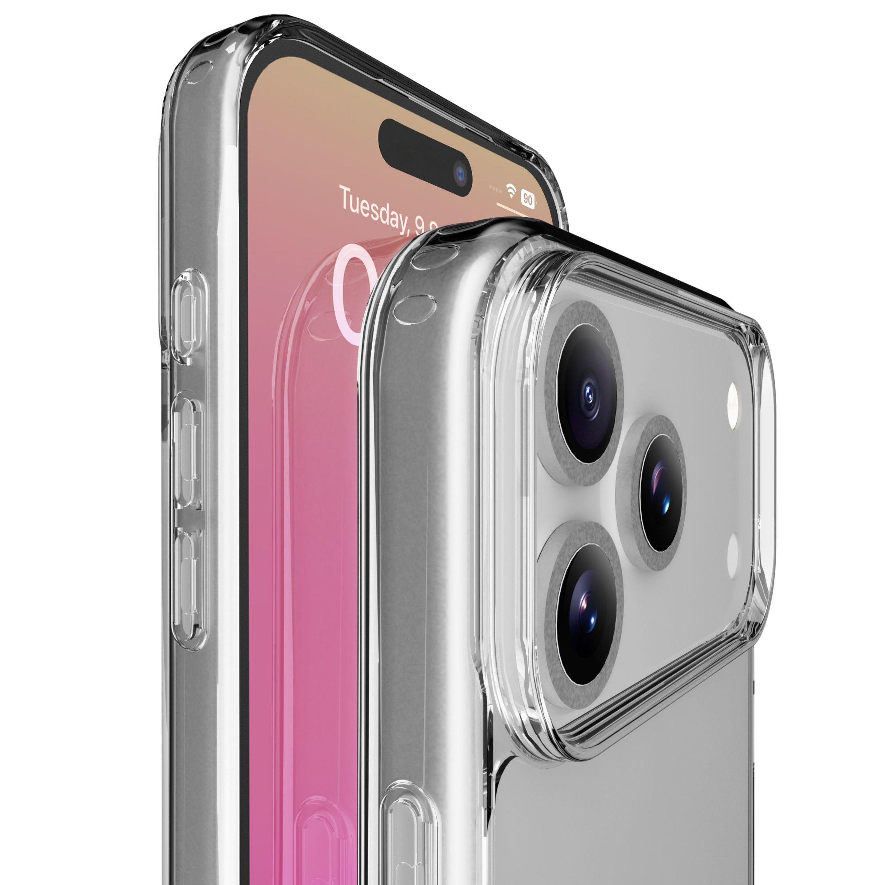 Eine transparente Handyhülle bedeckt ein Smartphone und zeigt dessen Bildschirm und Kameralinsen. Der Bildschirm zeigt das Datum.