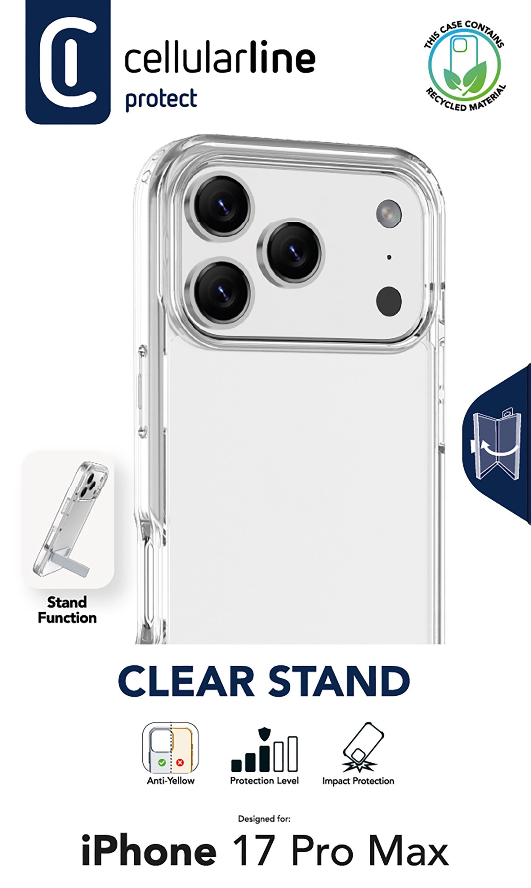 Transparente Handyhülle mit Ständerfunktion für iPhone 17 Pro Max. Merkmale: Anti-Gelb, Schutzstufe und Aufprallschutz.