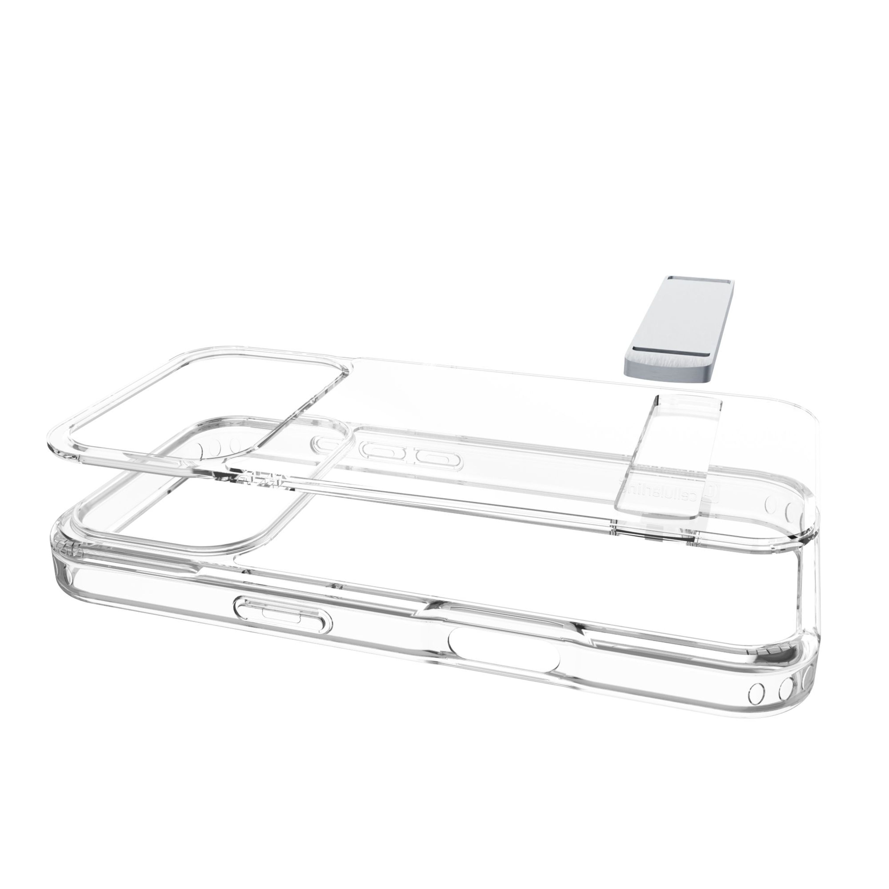 Transparente Handyhülle mit Ständer. Die Hülle ist offen, und ein Ständer befindet sich in der Nähe.