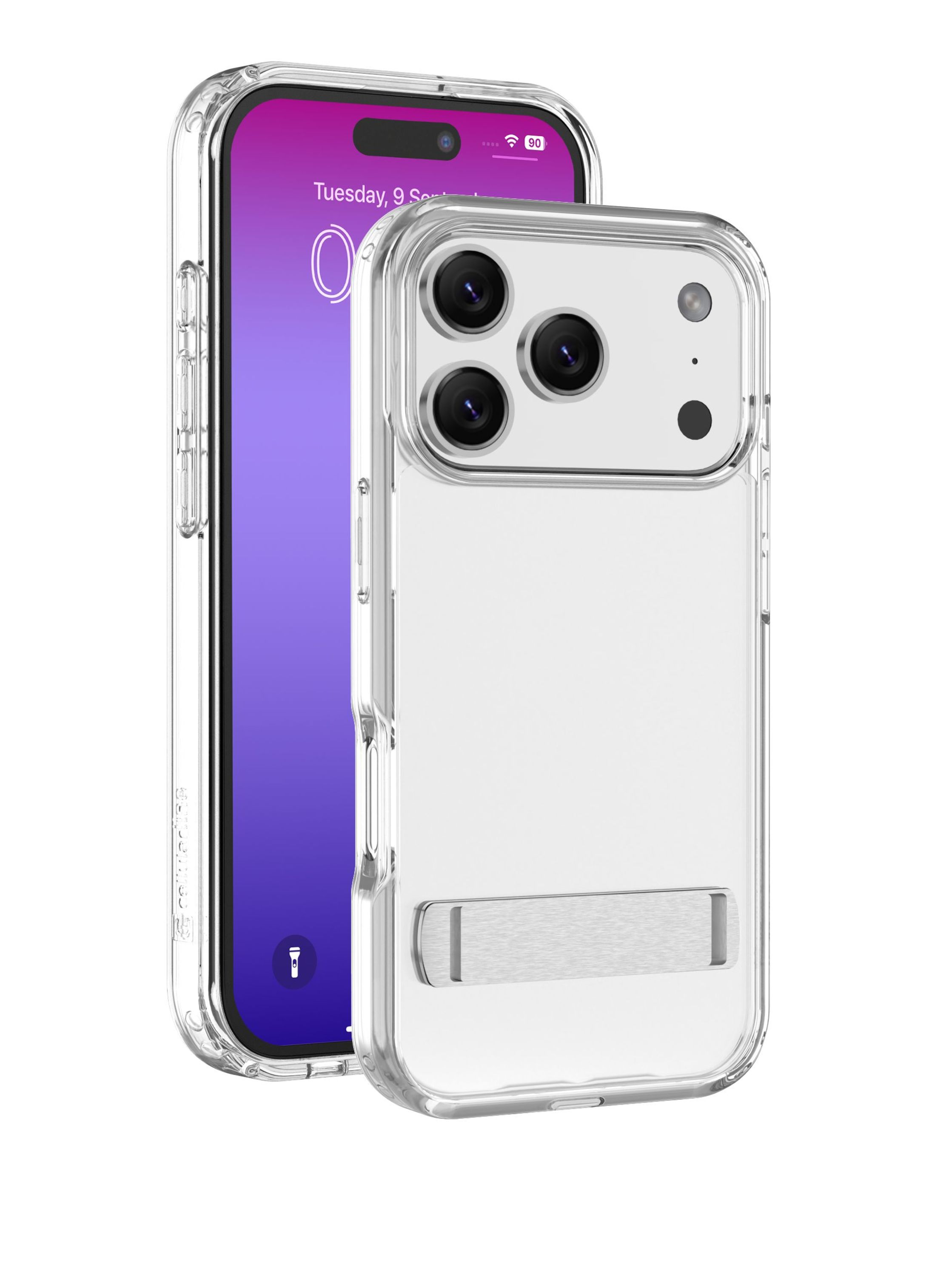 Eine transparente Handyhülle mit einem Telefon darin, das den Bildschirm mit dem Datum zeigt. Die Hülle hat einen Ständer.