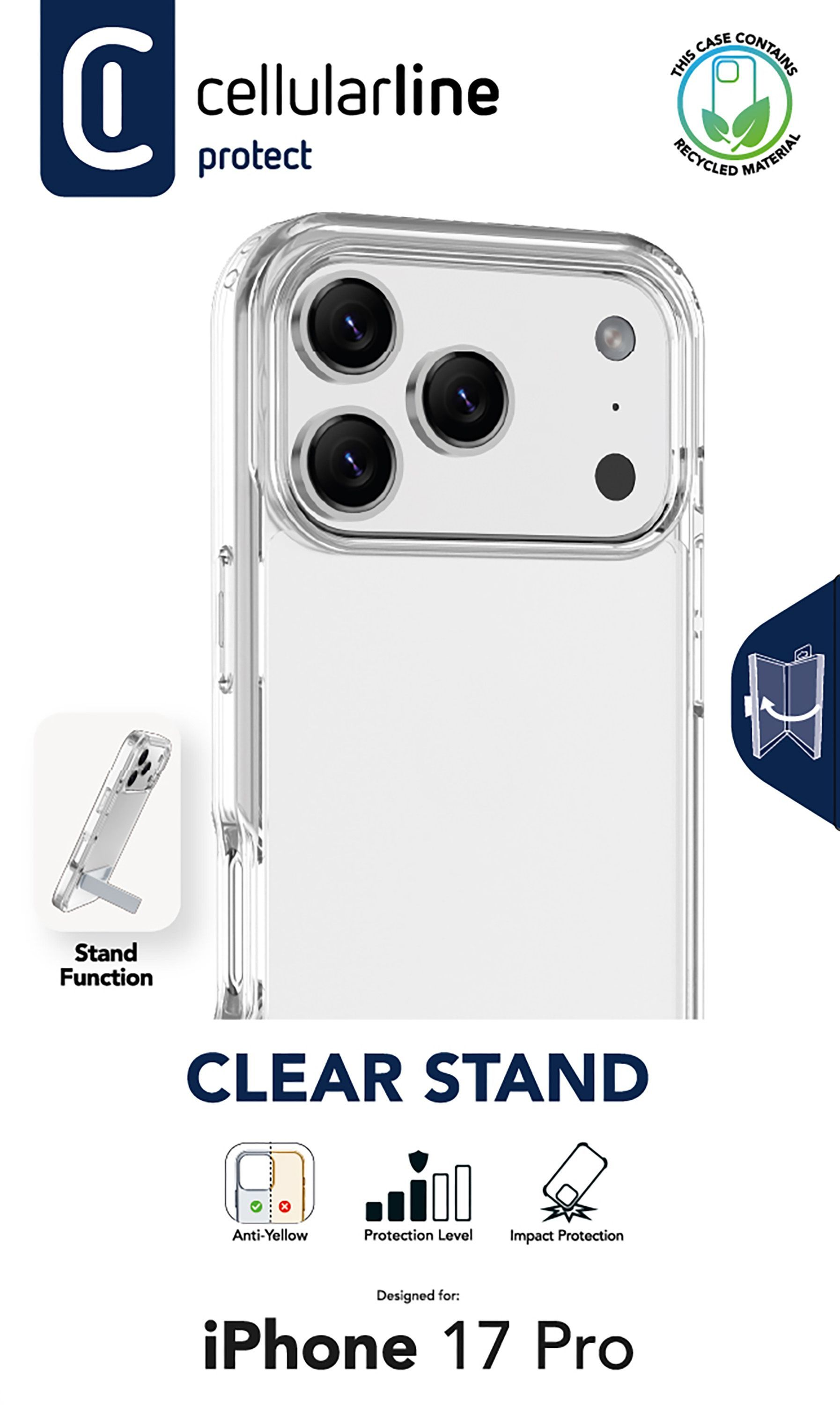 Transparente iPhone 17 Pro Hülle mit Standfunktion. Eigenschaften: Anti-Gelb, Schutzlevel und Aufprallschutz. Enthält recyceltes Material.