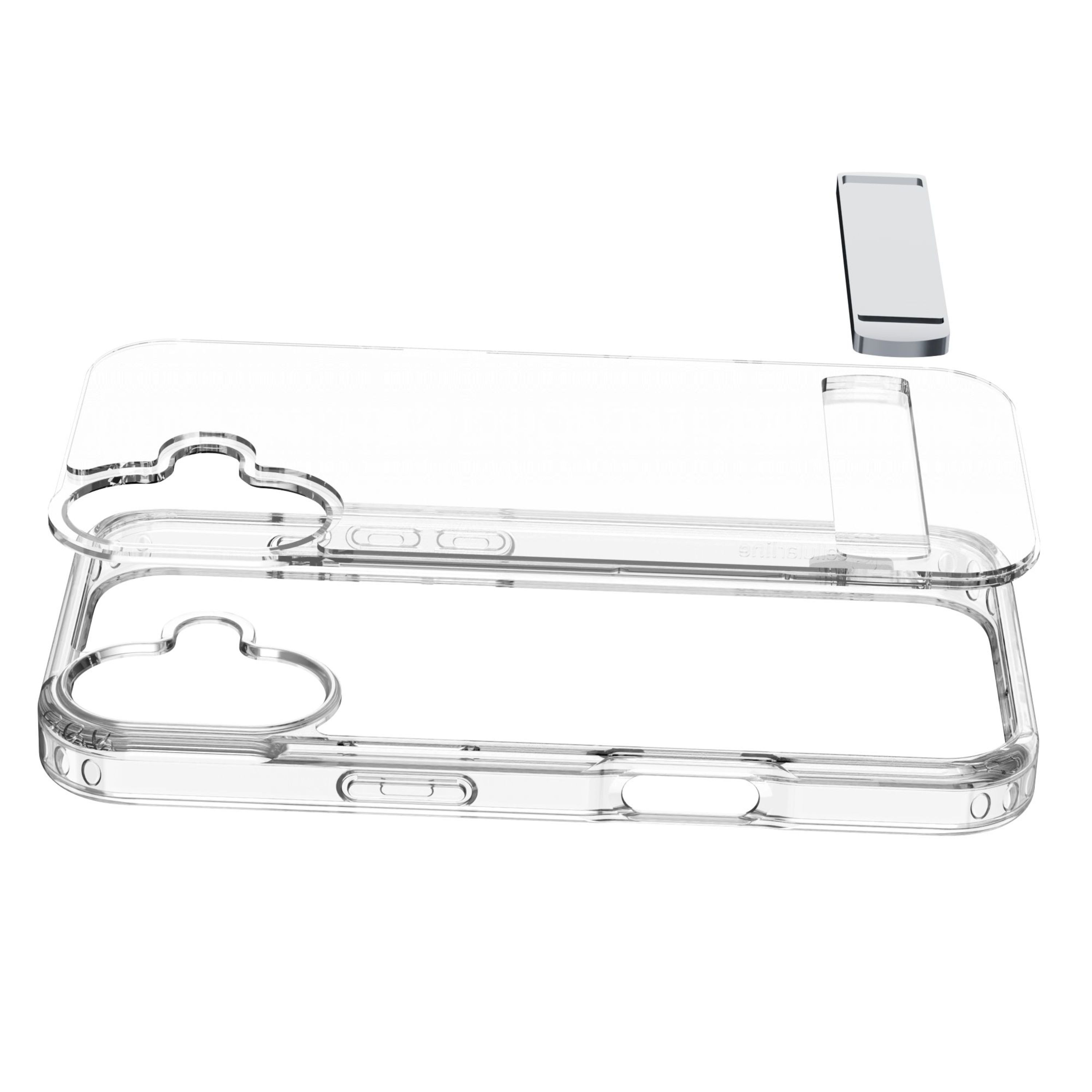 Transparente Handyhülle und Ständer auf Weiß. Hülle hat Kamera- und Knopfaussparungen. Ständer ist silber und rechteckig.