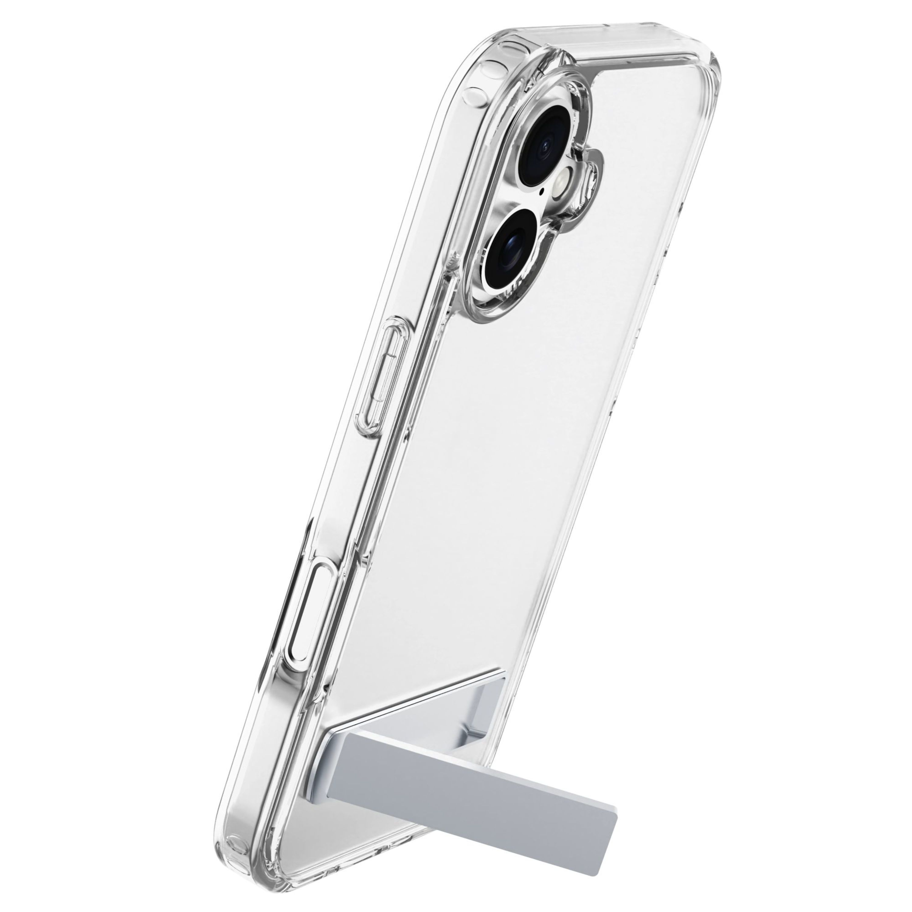 Transparente Handyhülle mit silbernem Ständer, auf weißem Hintergrund. Das Telefon hat zwei Kameralinsen.