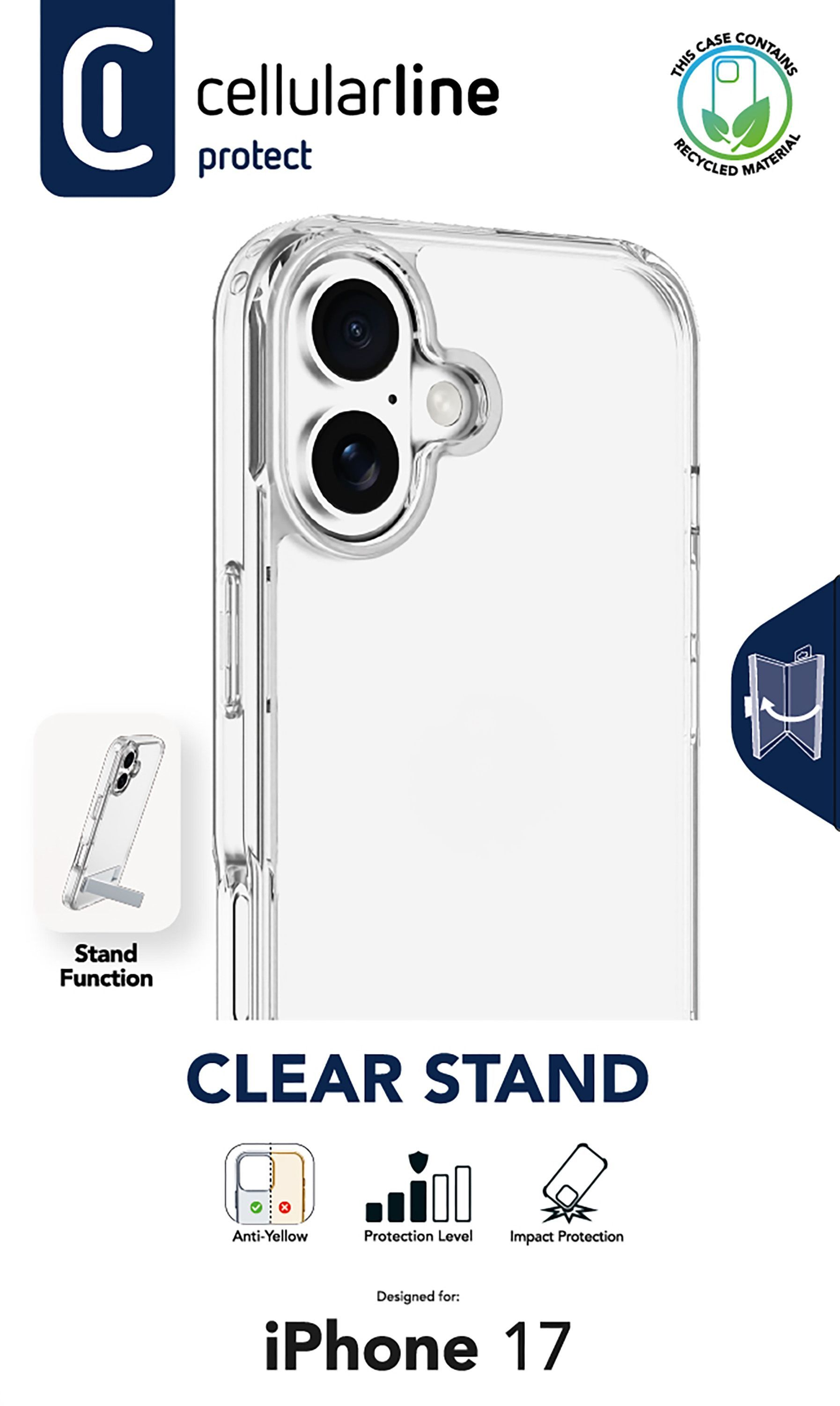 Eine transparente Handyhülle für das iPhone 17. Sie zeigt die Kamera des Telefons und hat eine Standfunktion. Text enthält 'cellularline'.