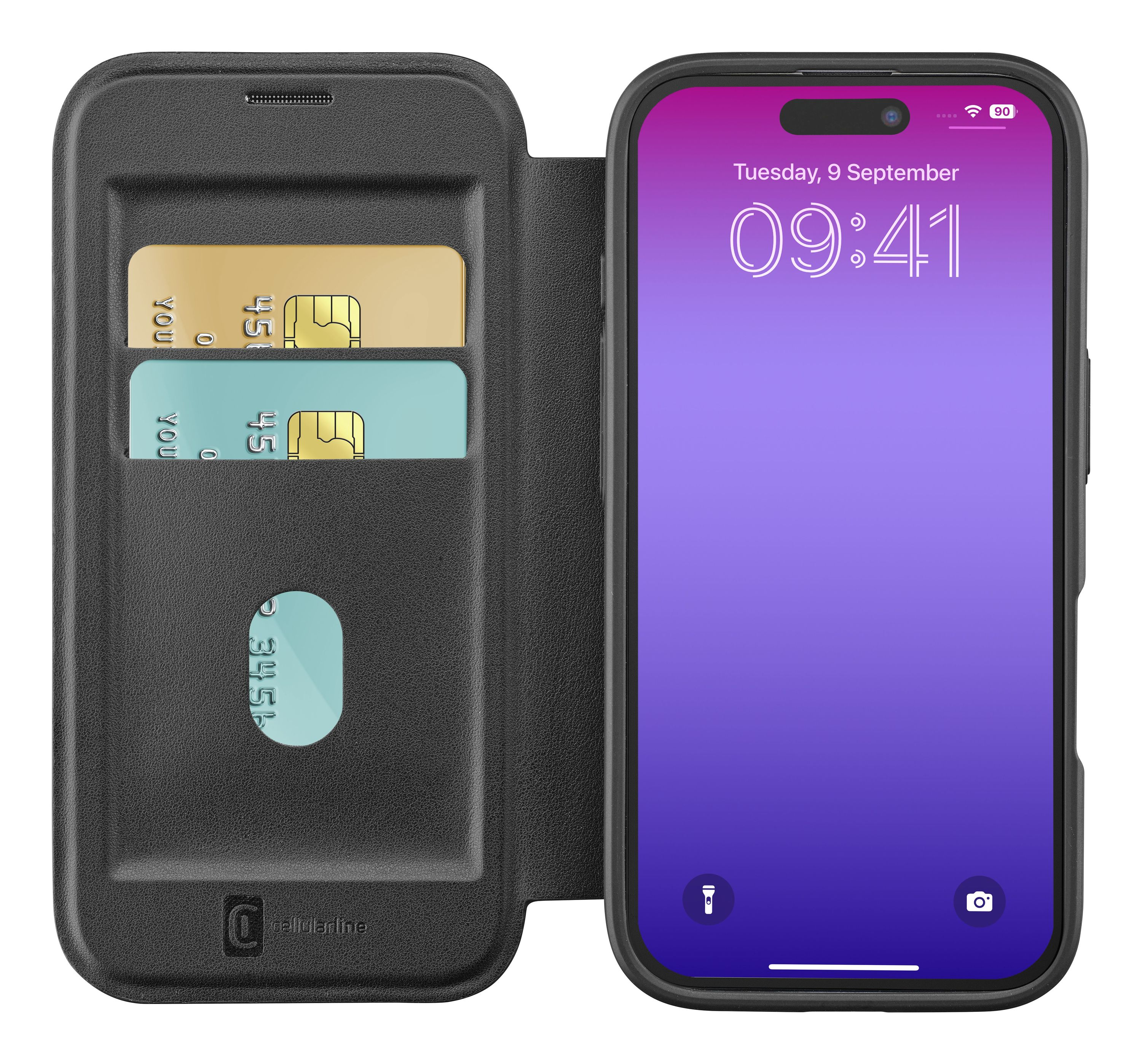 Schwarze Handyhülle mit Handy, das die Zeit anzeigt und Karten. Zwei Karten im Etui. Die Uhrzeit ist 09:41.