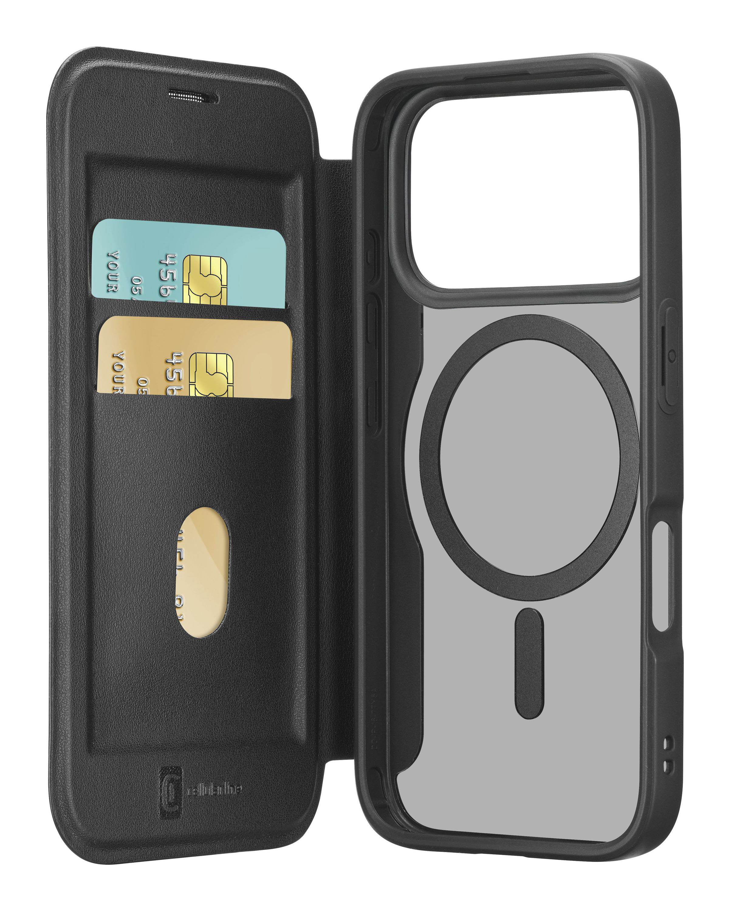 Schwarze Handyhülle offen, mit zwei Kreditkarten im Inneren. Die rechte Seite ist für ein Telefon.