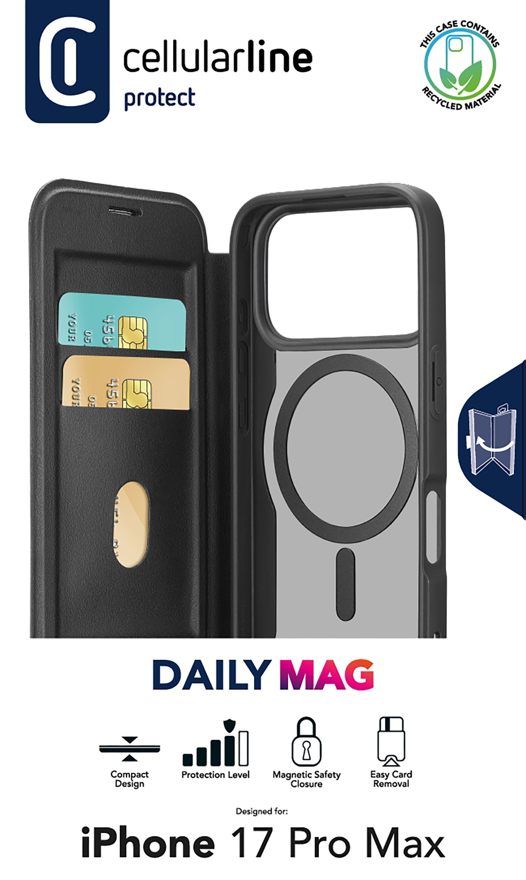 Eine schwarze Handyhülle mit Klappe, die zwei Kreditkarten hält. Die Marke ist Cellularline. Die Hülle ist für ein iPhone 17 Pro Max konzipiert.