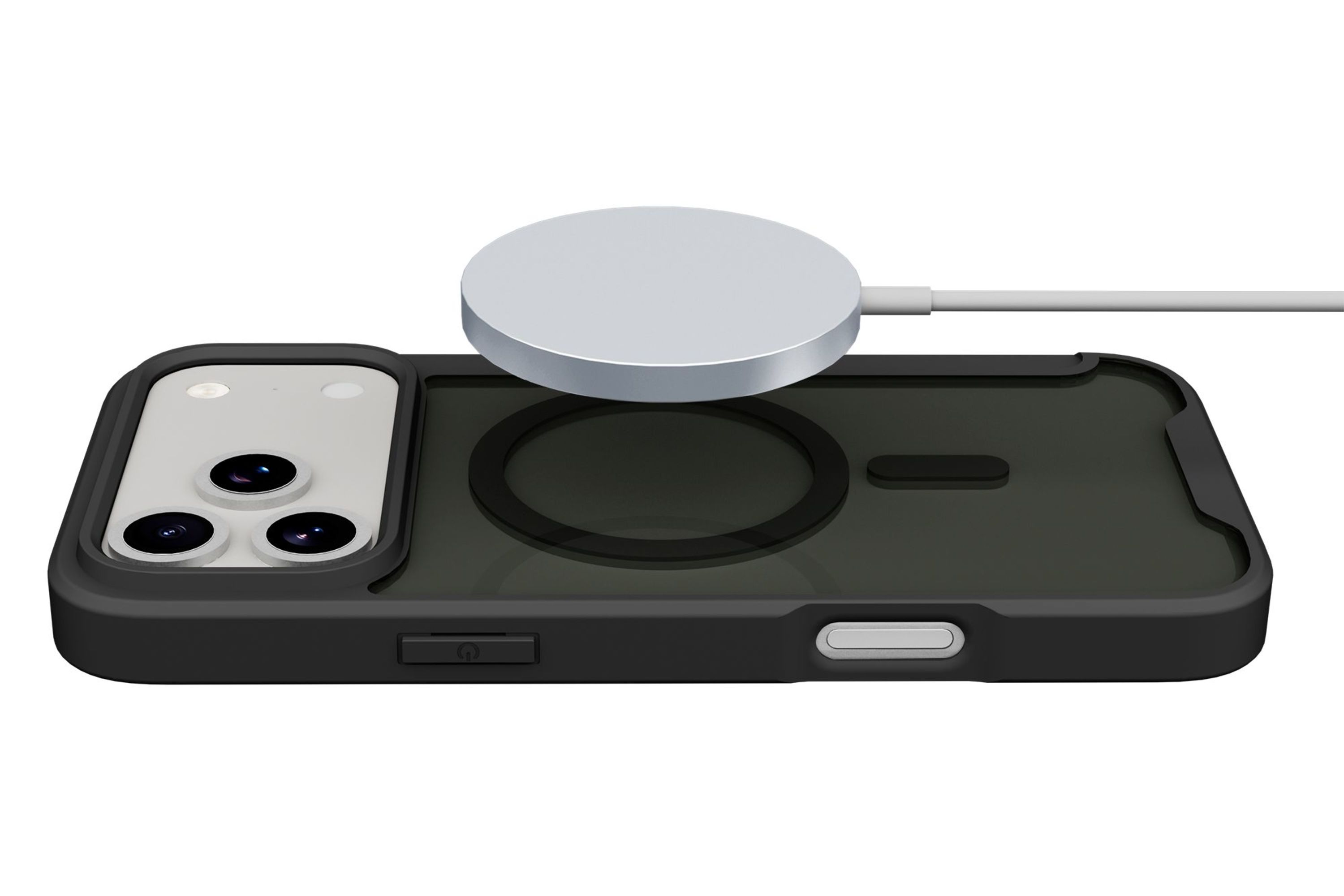 Ein iPhone in einer schwarzen Hülle mit einem silbernen kabellosen Ladegerät. Das Ladegerät hat ein weißes Kabel.