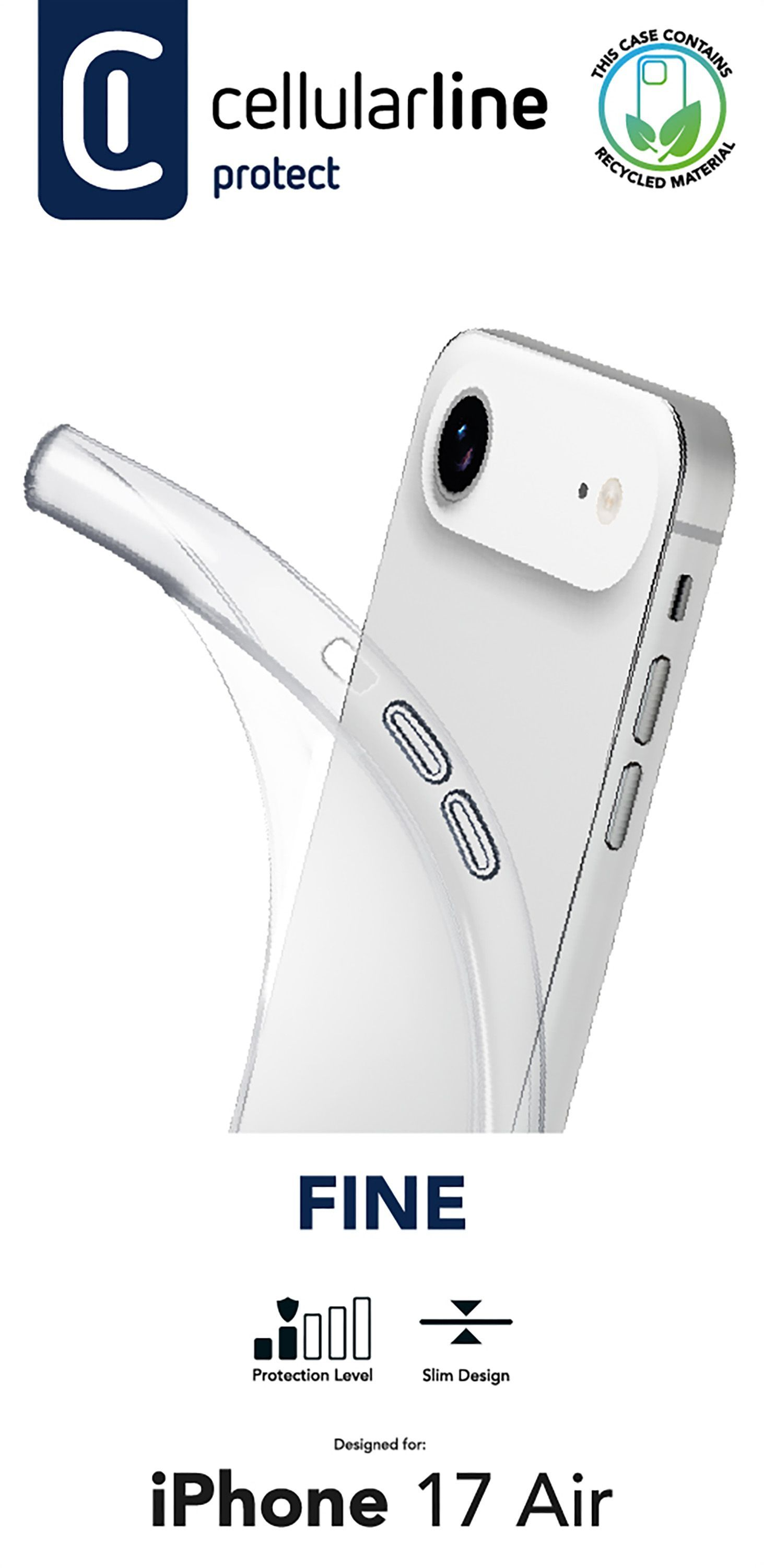 Das Bild zeigt eine transparente Handyhülle auf einem weißen iPhone. Die Hülle trägt die Aufschrift 'cellularline protect' und ist für das iPhone 17 Air bestimmt.