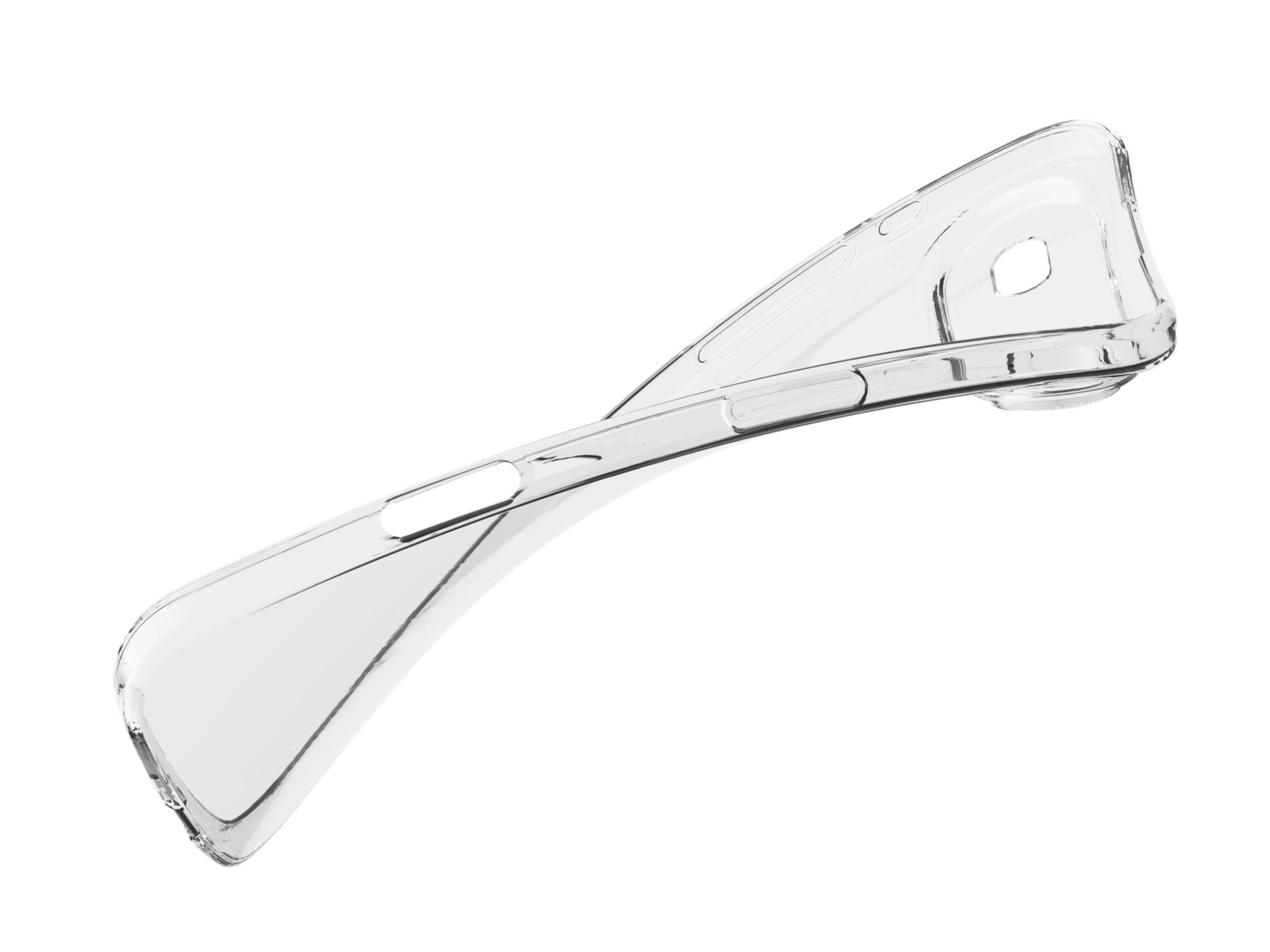 Eine transparente, flexible Handyhülle ist gebogen. Es hat ein Loch und knopfartige Formen. Weißer Hintergrund.