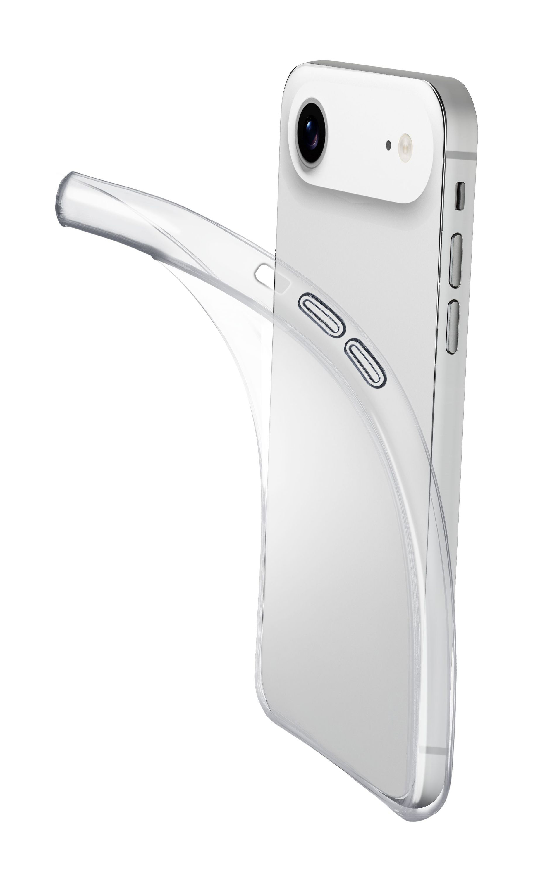 Ein weißes Smartphone mit einer transparenten Schutzhülle wird vor weißem Hintergrund gezeigt. Die Hülle biegt sich vom Telefon weg.