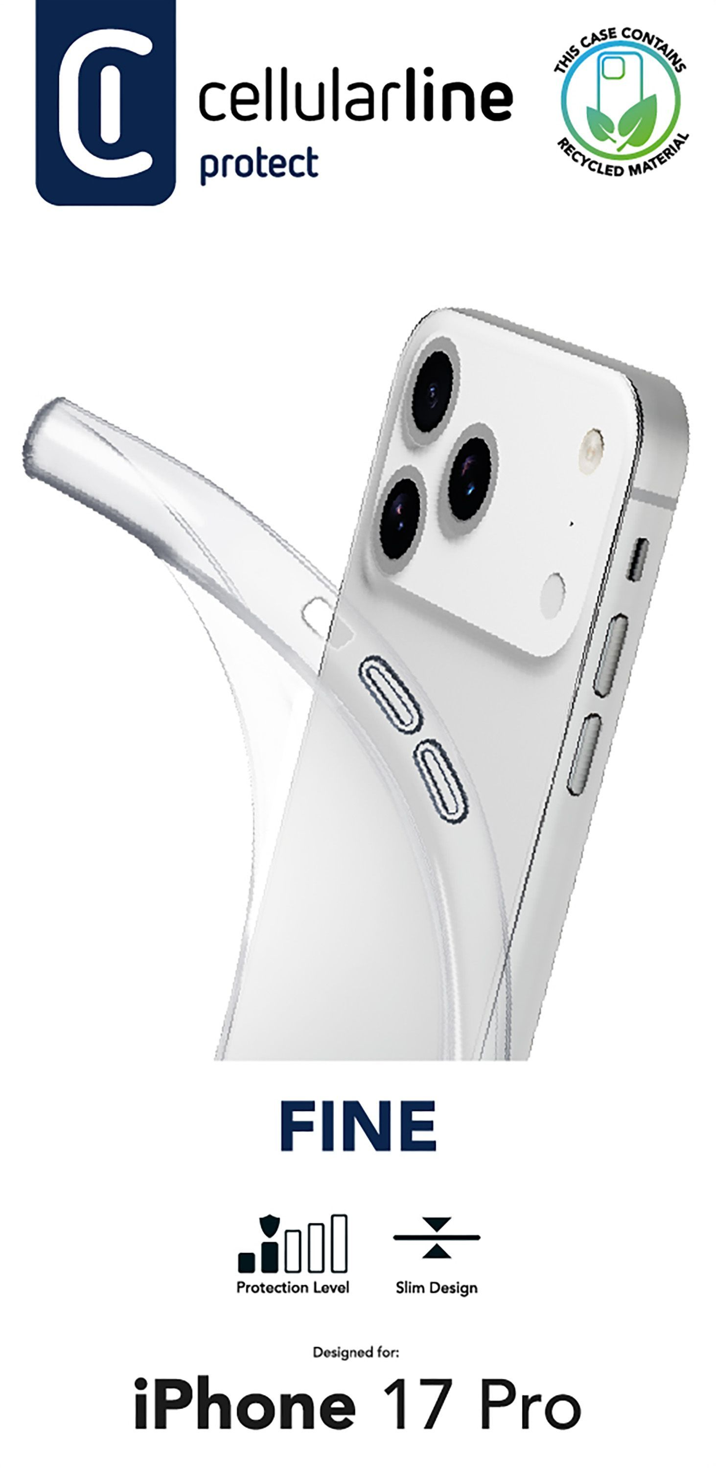 Transparente Handyhülle mit Telefon, Produktdetails und Logo der Marke Cellularline.