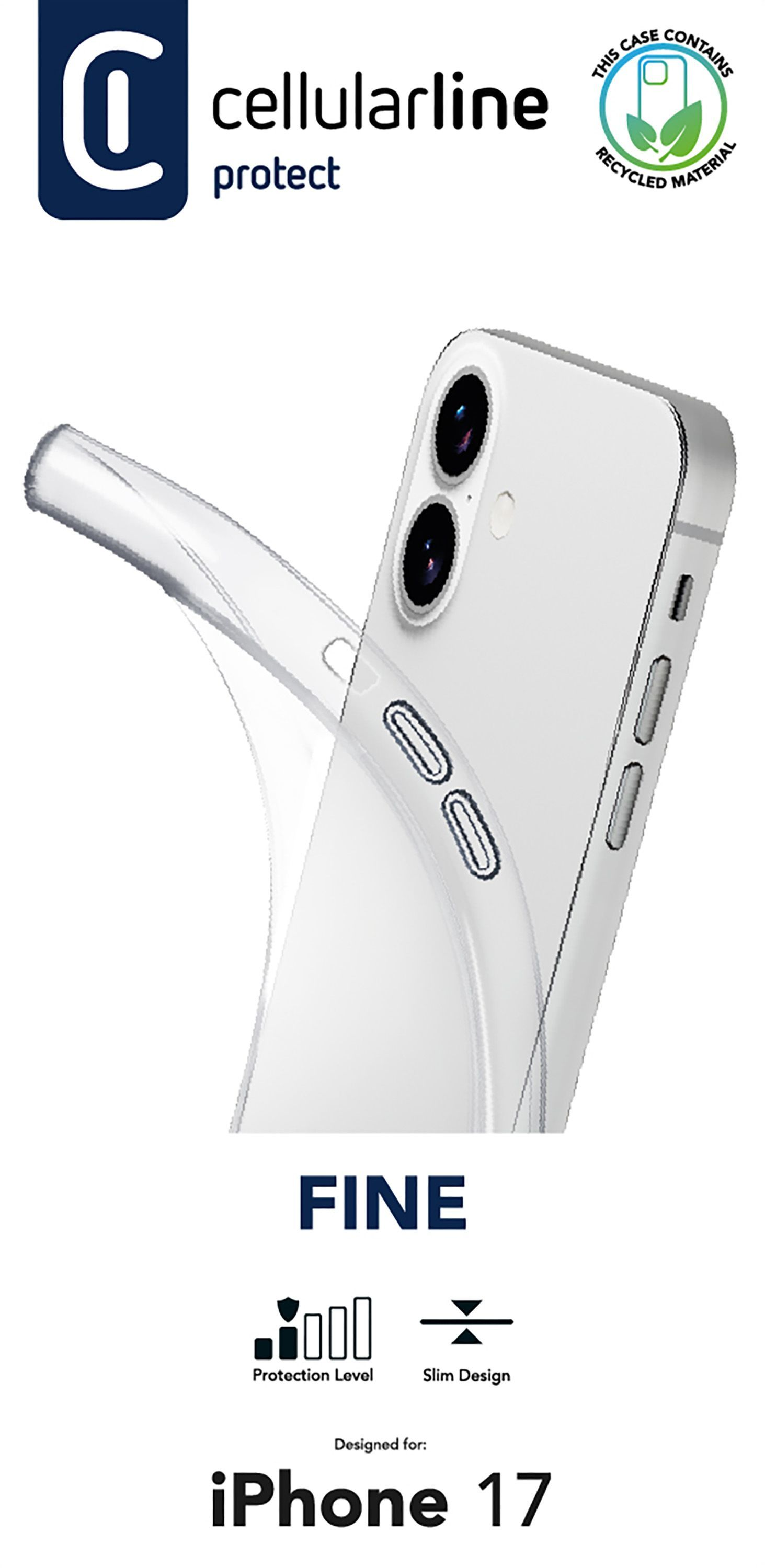 Transparente Handyhülle auf einem weißen iPhone 17. Die Hülle befindet sich vor dem Telefon. Die Marke Cellularline steht oben.