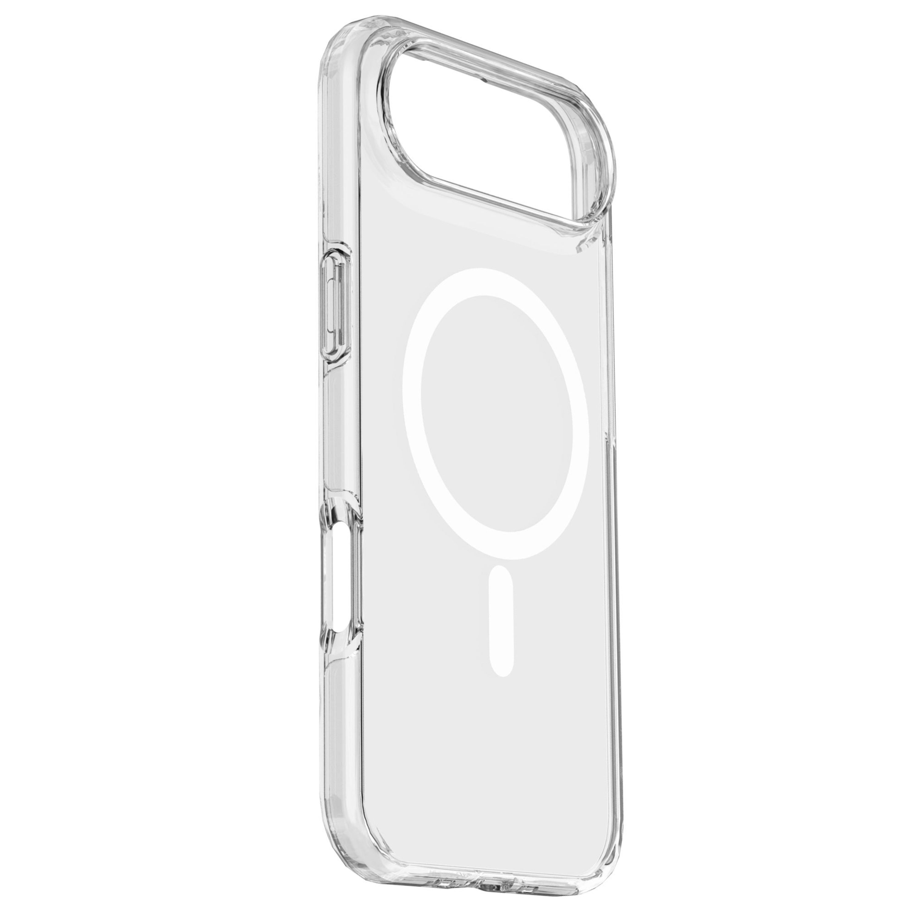 Eine transparente Handyhülle mit weißem MagSafe-Kreis und vertikaler Linie.
