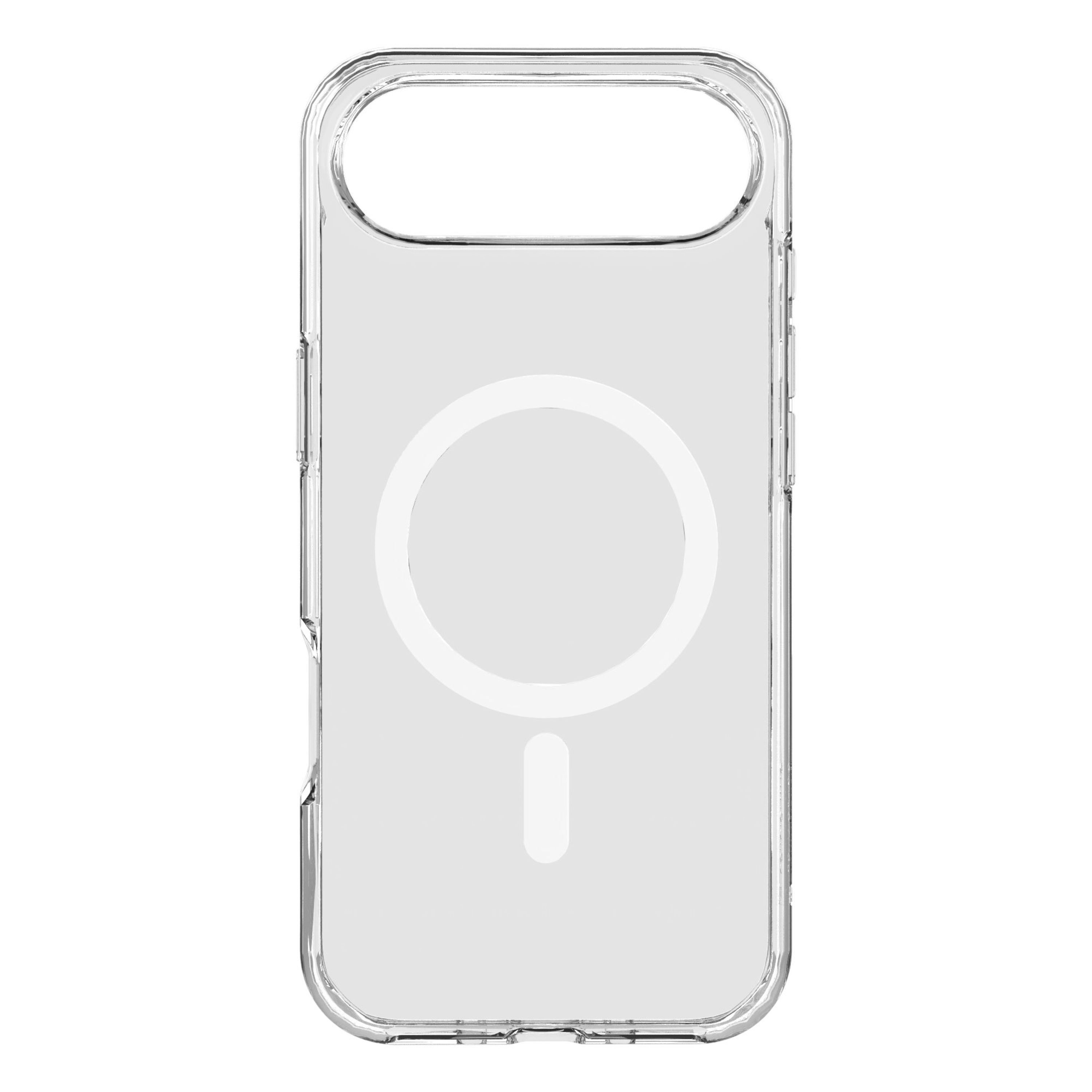 Eine transparente Handyhülle. Sie hat eine abgerundete Oberseite und ein Kreis- und Balkendesign in der Mitte.