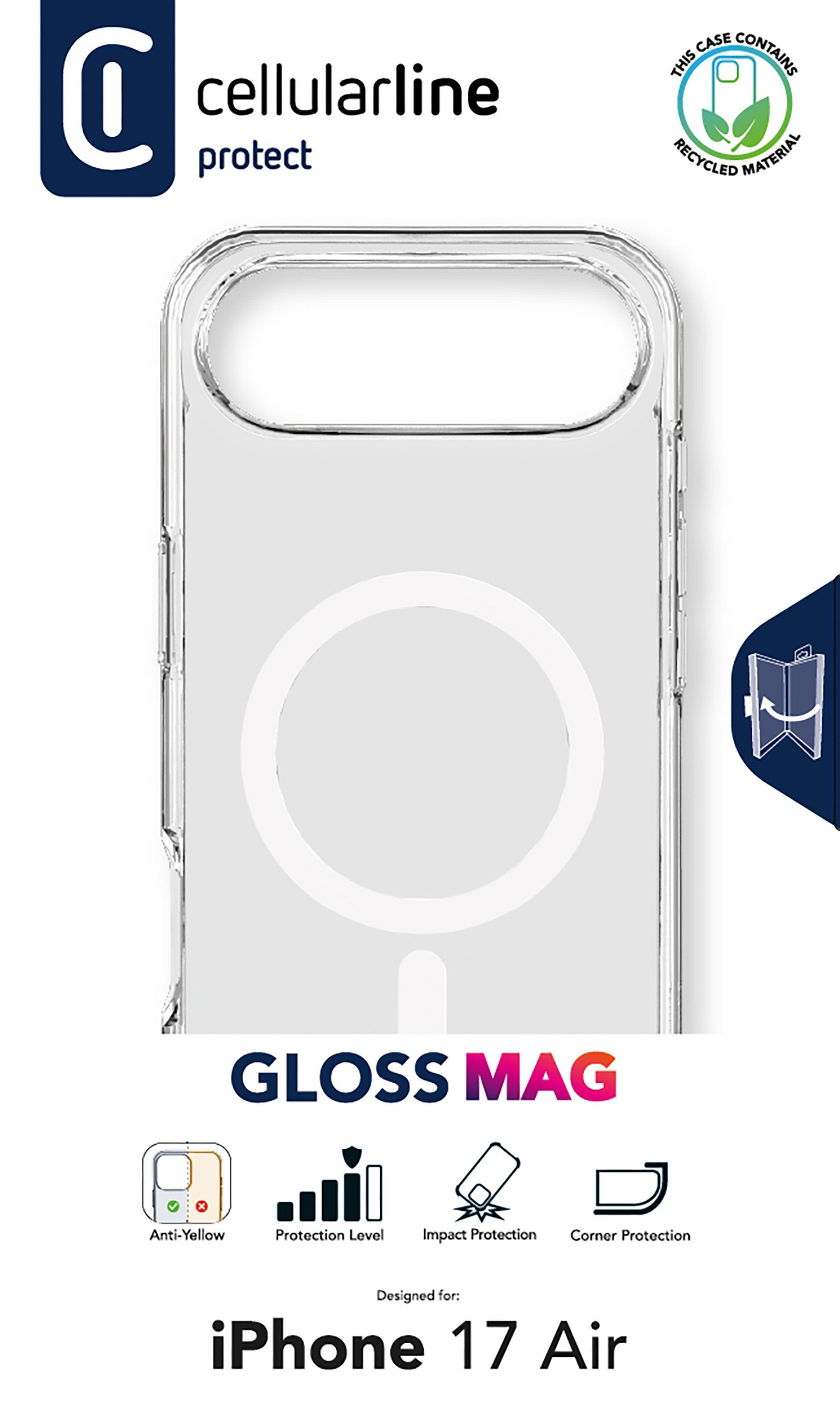 Transparente iPhone 17 Air Hülle mit Magnetring. Die Verpackung erwähnt Anti-Vergilbung, Schutzstufe, Aufprall- und Eckenschutz.