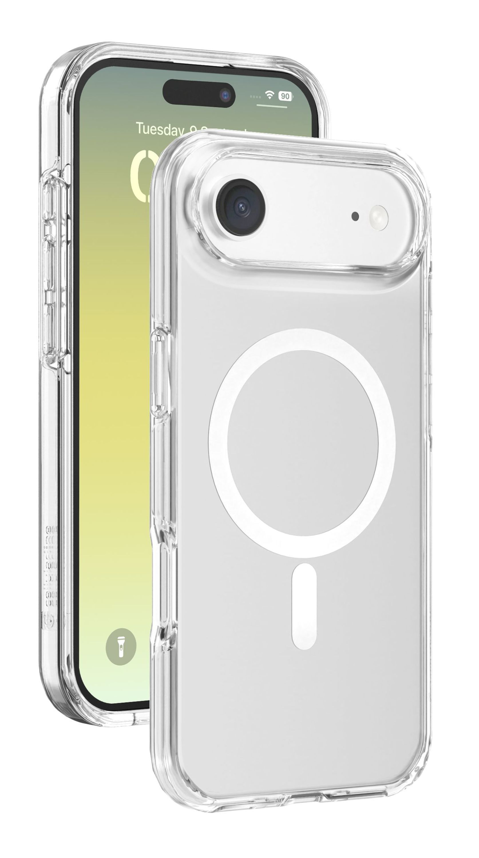 Eine transparente Handyhülle über einem Telefon. Auf dem Telefon werden Uhrzeit und Datum angezeigt. Die Hülle hat einen weißen Ring und einen Ladeanschluss.