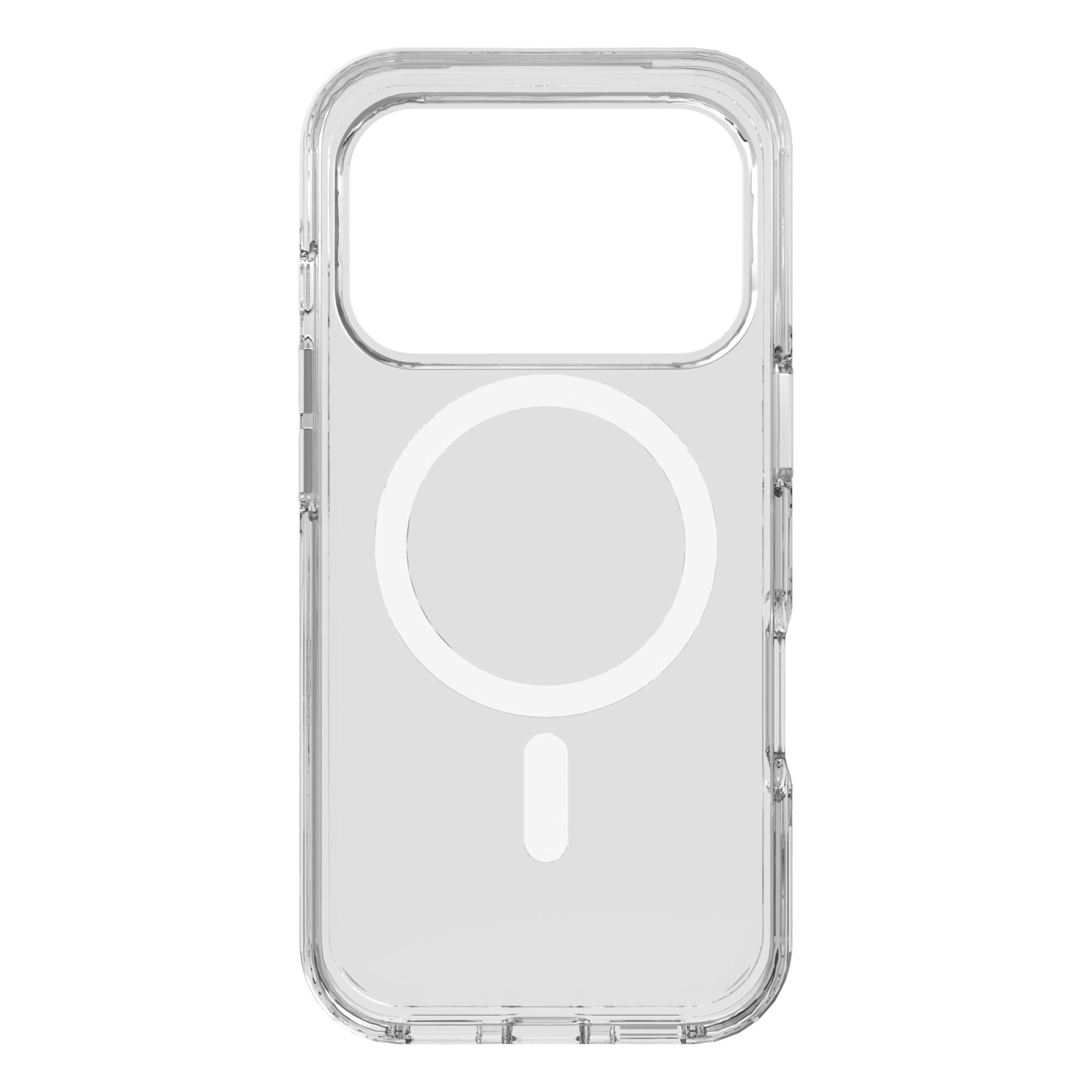 Transparente, rechteckige Handyhülle mit einem kreisförmigen Bereich und einem vertikalen Balken. Weißer Hintergrund.