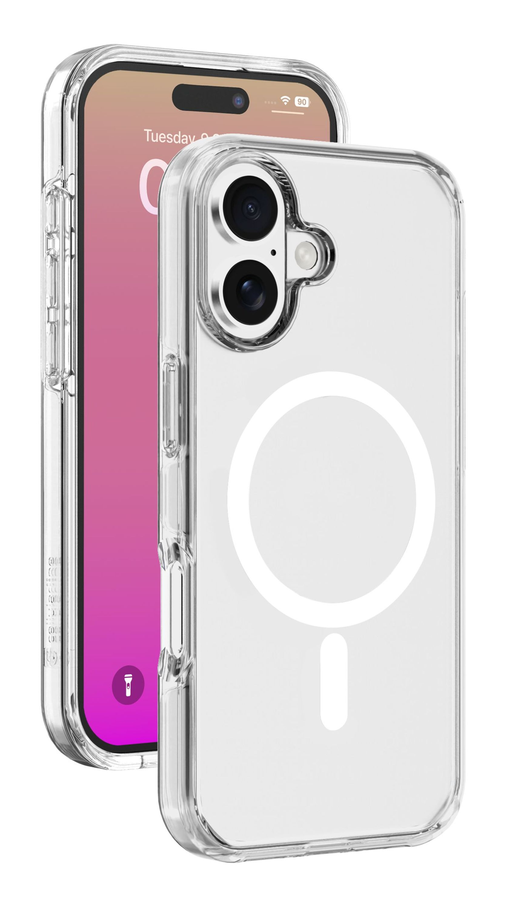 Transparente Handyhülle mit Handy. Das Handy zeigt die Uhrzeit und einen rosa Hintergrund. Dienstag ist auf dem Bildschirm.