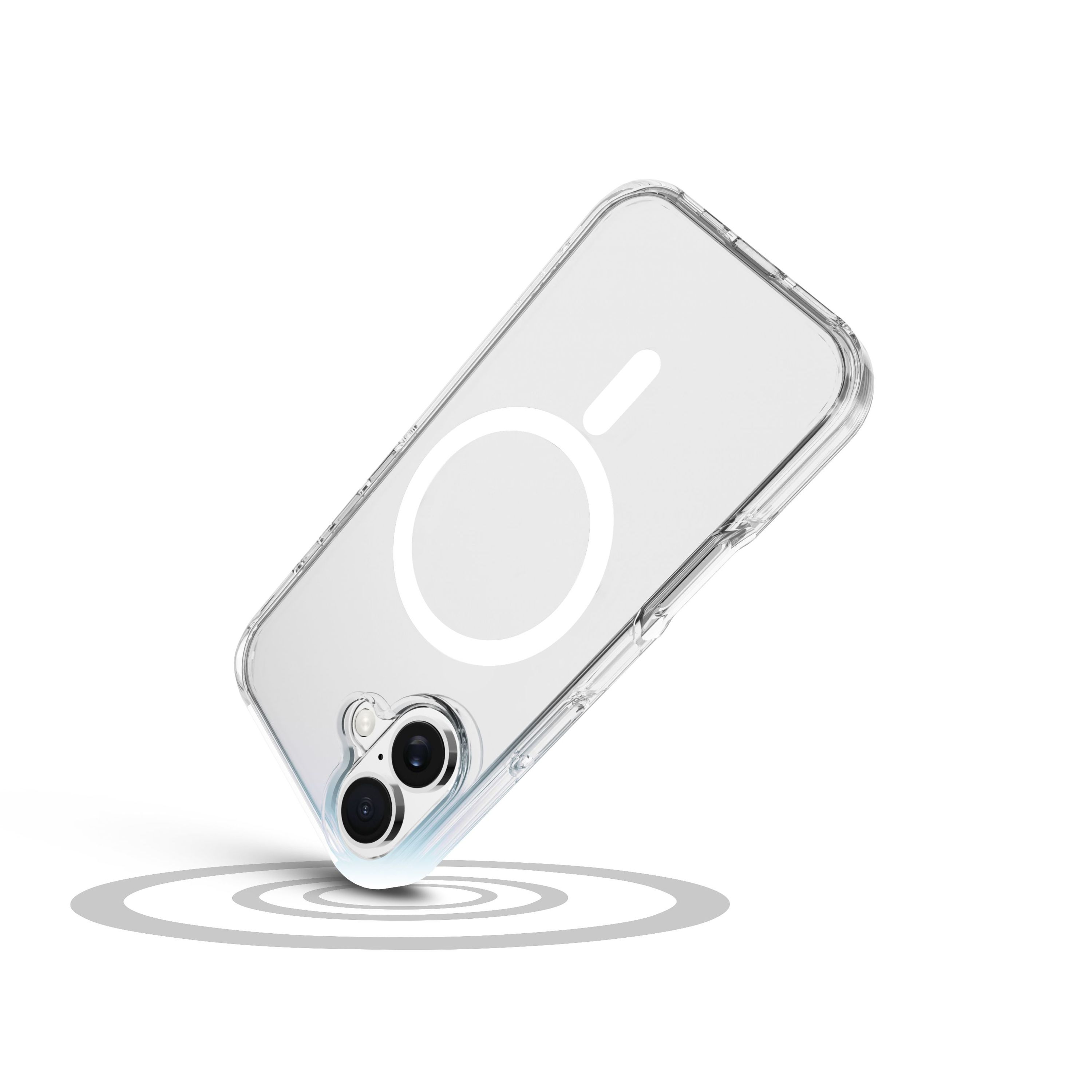 Eine transparente Handyhülle mit weißem Ring und Kamera ist leicht geneigt. Der Hintergrund ist weiß mit Schatten.
