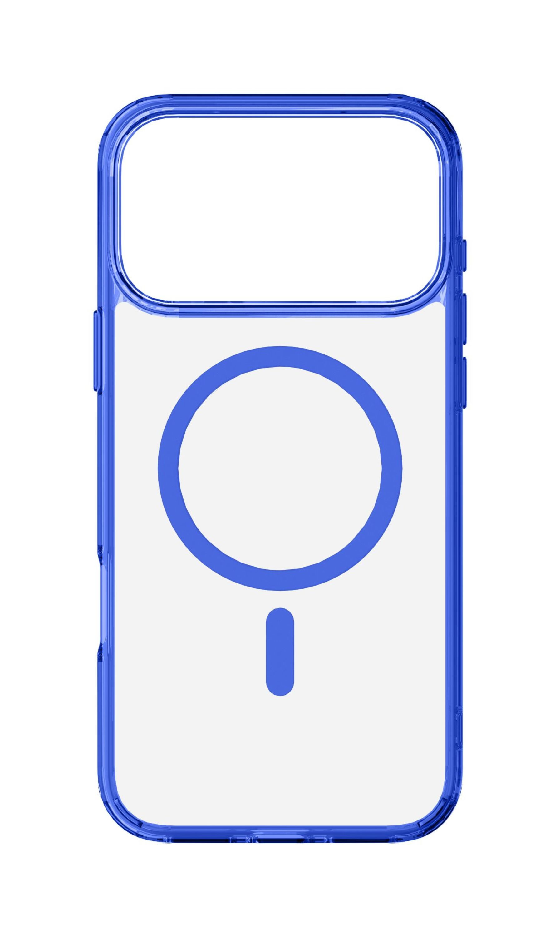 Eine transparente Handyhülle mit blauem Rahmen. Die Hülle hat ein kreisförmiges Design und einen kleinen Balken unten, alles in Blau.