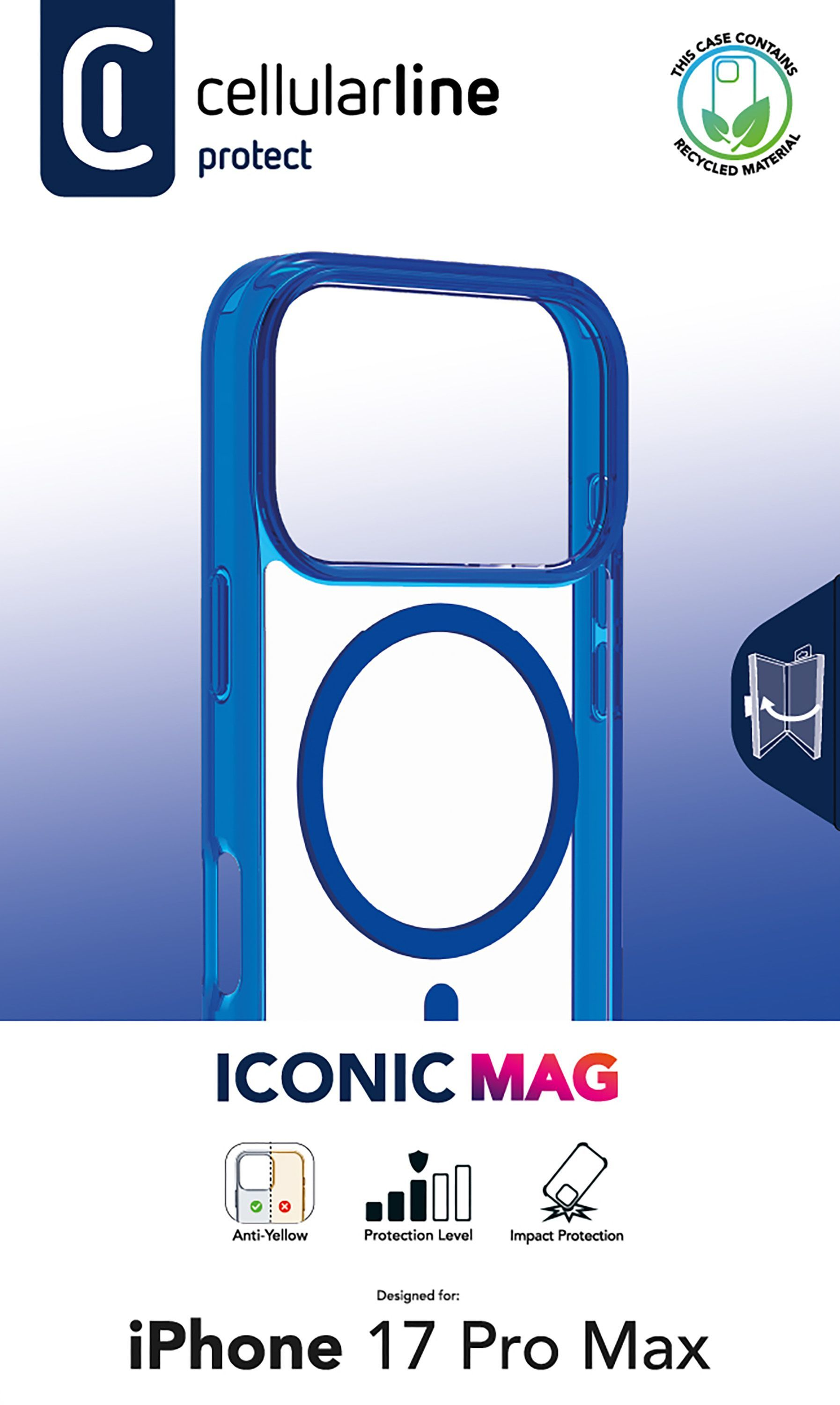 Blaue Handyhülle für iPhone 17 Pro Max, mit weißem Kreis und Logo. Sie hat Anti-Gelb-, Schutz- und Aufprallschutz.