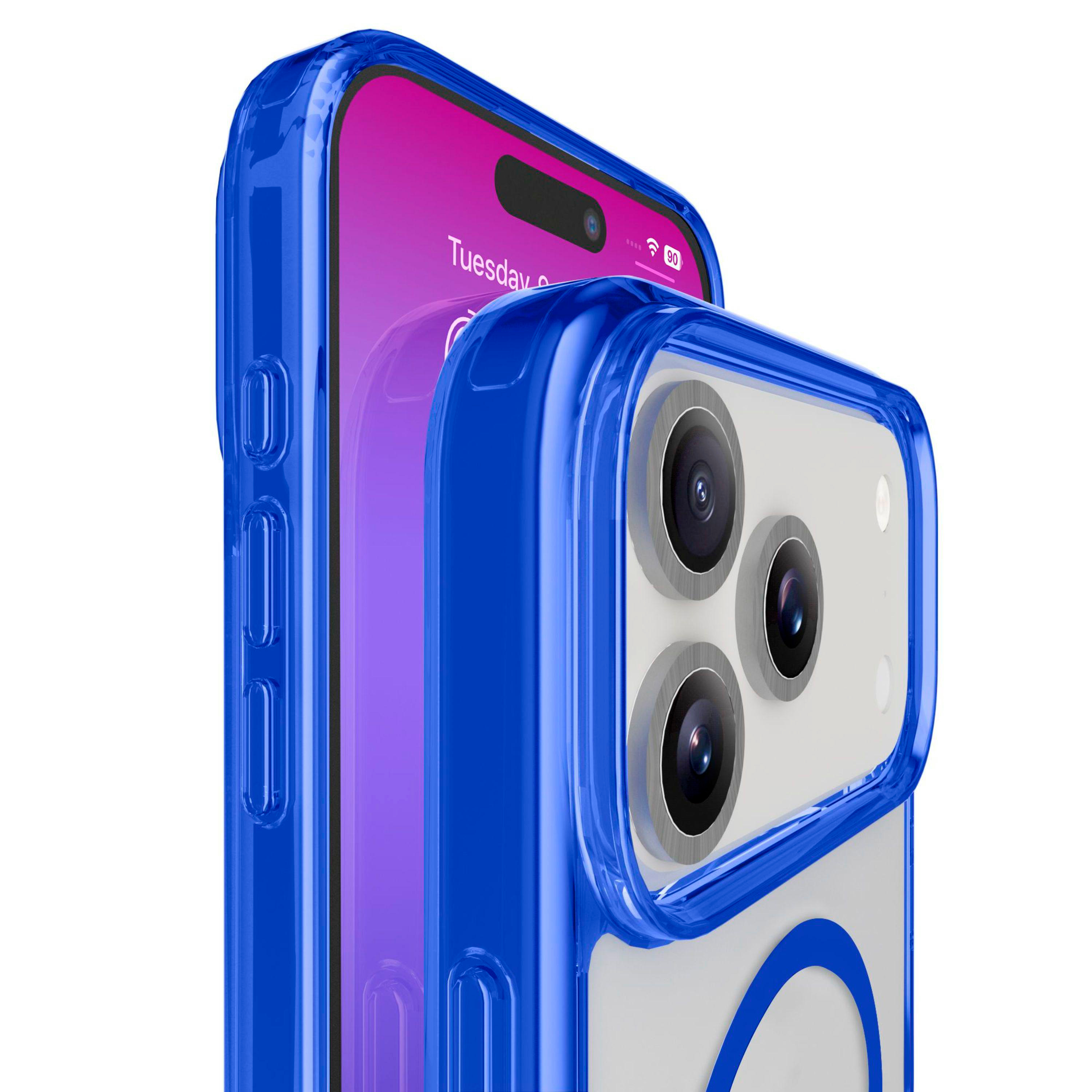 Eine blaue Handyhülle bedeckt ein Telefon, das den Dienstag anzeigt. Die Kameralinsen sind sichtbar. Der Hintergrund ist weiß.