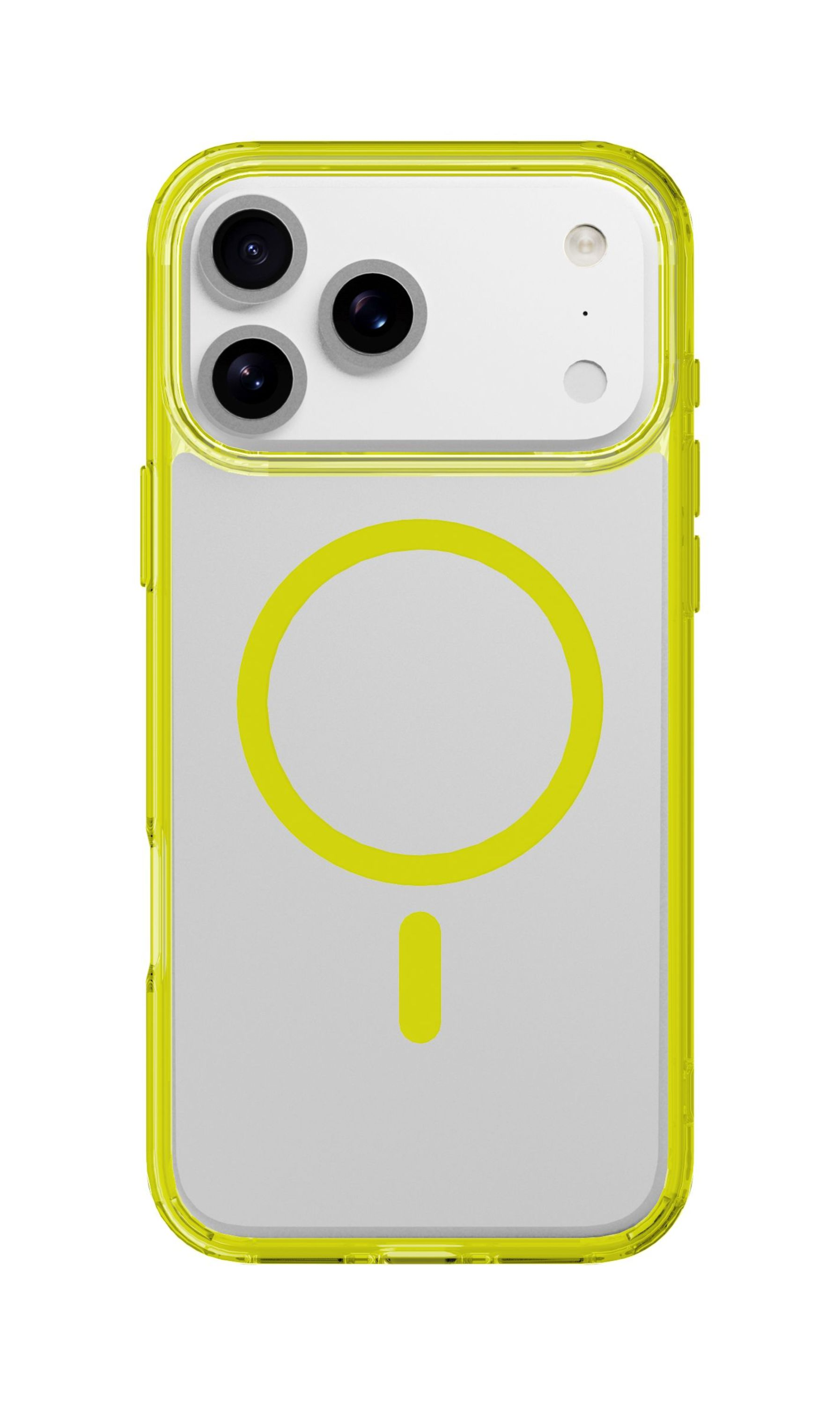 Ein iPhone mit transparenter Hülle. Die Hülle hat einen gelben Umriss und ein gelbes Kreis- und Balkendesign auf der Rückseite.