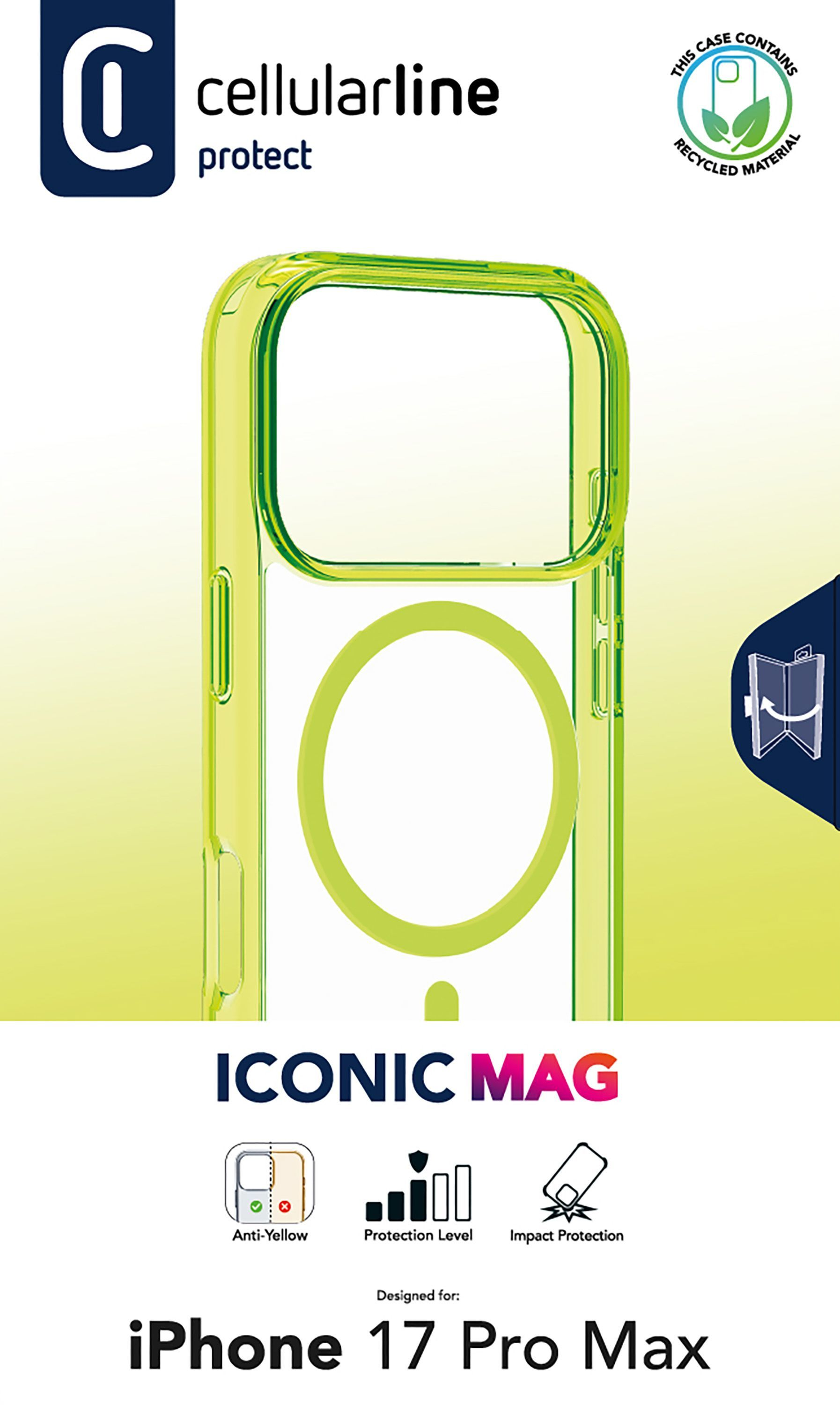 Eine Handyhülle für das iPhone 17 Pro Max. Sie ist transparent mit einem gelb-grünen Rahmen und einem kreisförmigen Design.