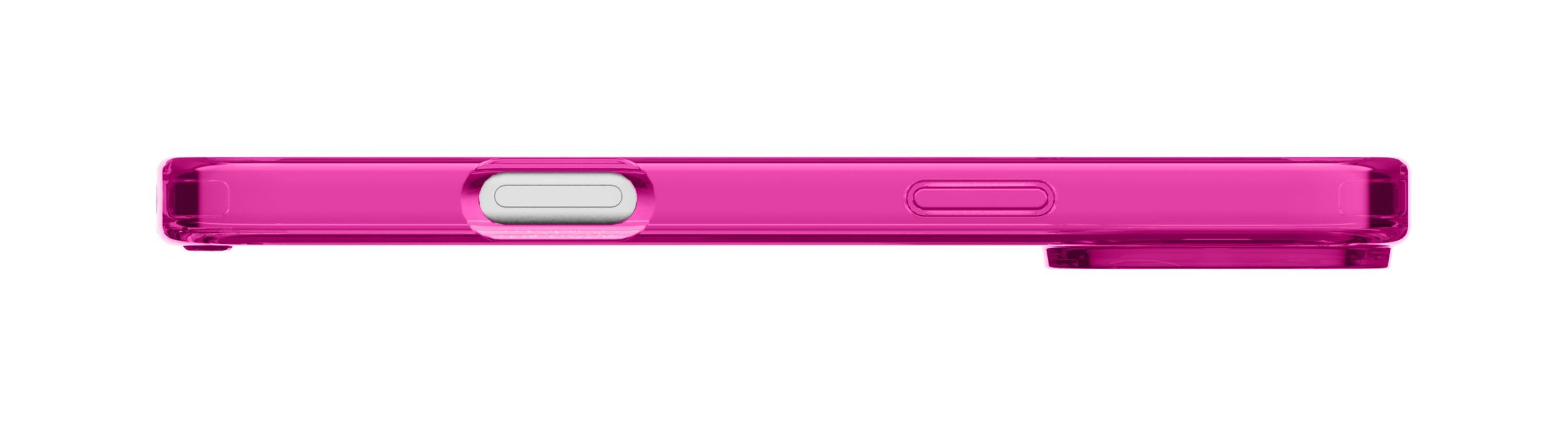 Seitenansicht einer pinkfarbenen Handyhülle. Sie hat einen Kameraausschnitt, eine Taste und eine Ein-/Aus-Taste. Weißer Hintergrund.
