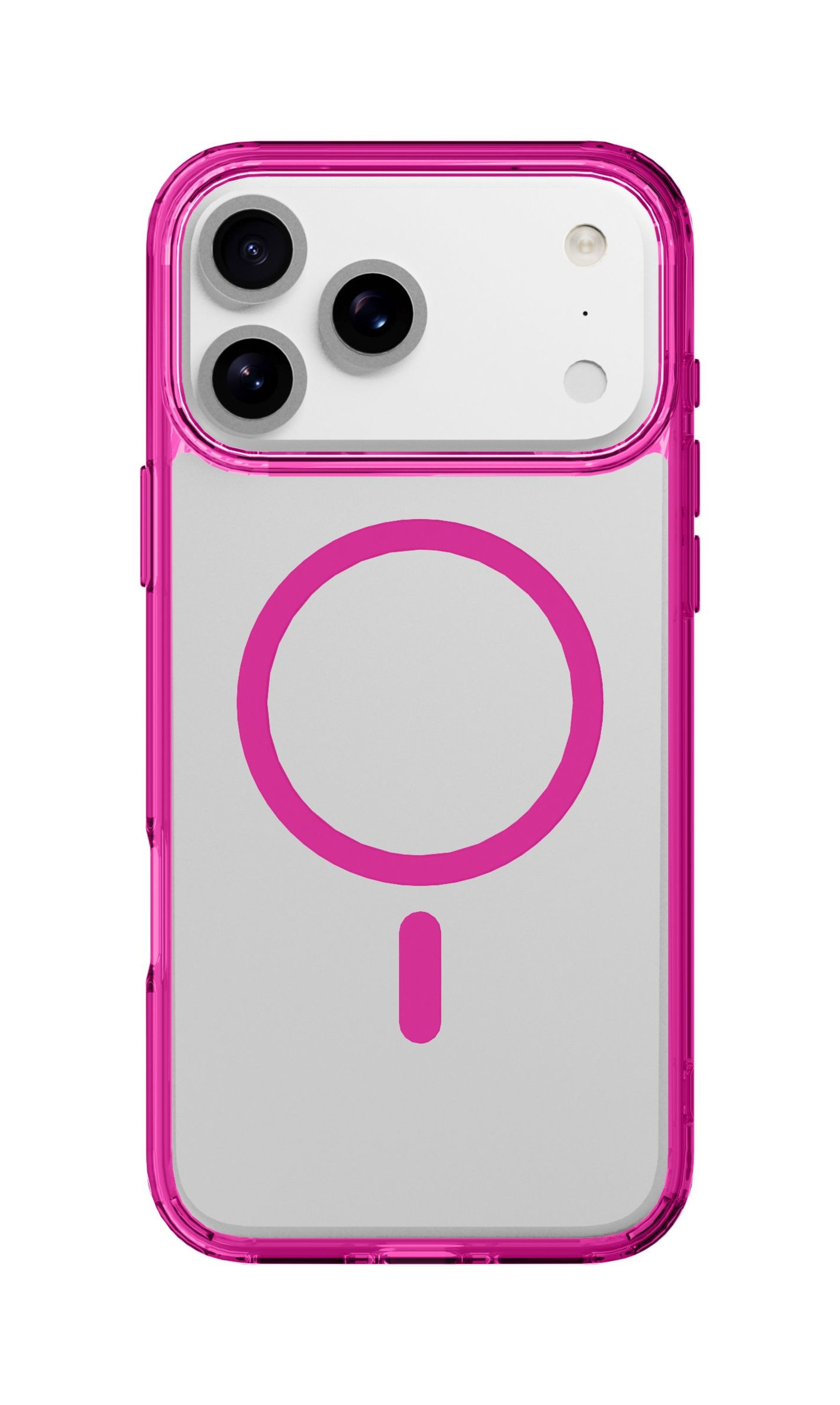 Ein iPhone in einer pinken Hülle. Die Hülle hat einen pinken Ring und ein Liniendesign auf der Rückseite.