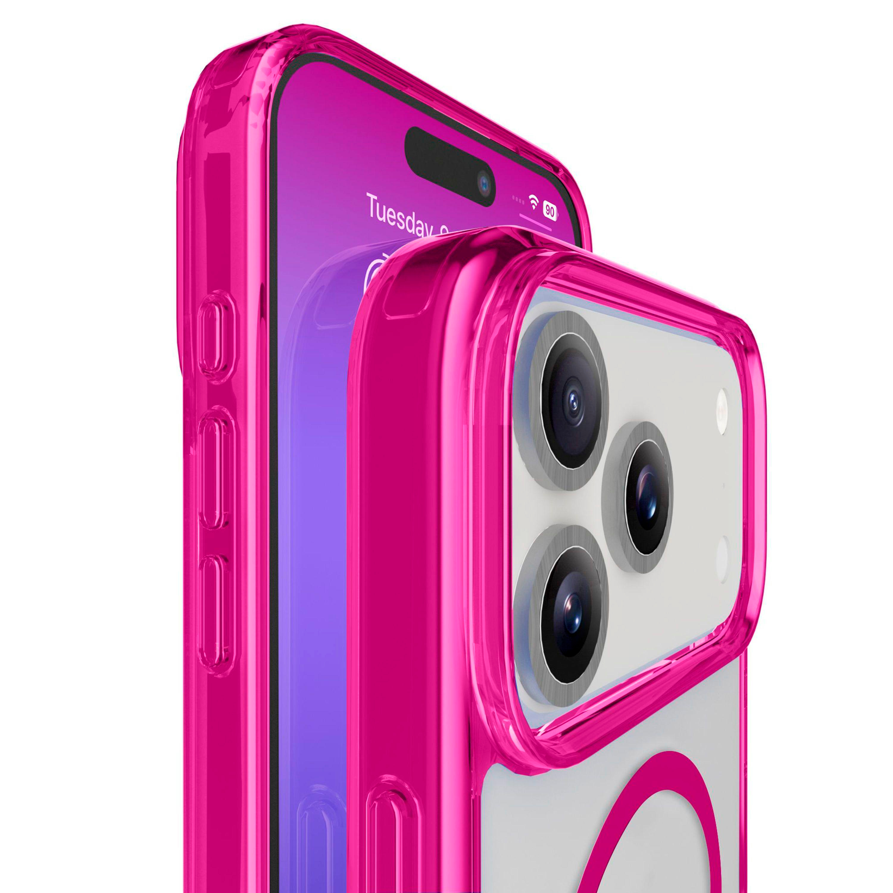 Nahaufnahme einer pinkfarbenen Handyhülle auf einem Telefon. Das Telefon zeigt Uhrzeit und Apps. Die Hülle hat einen transparenten Rahmen.