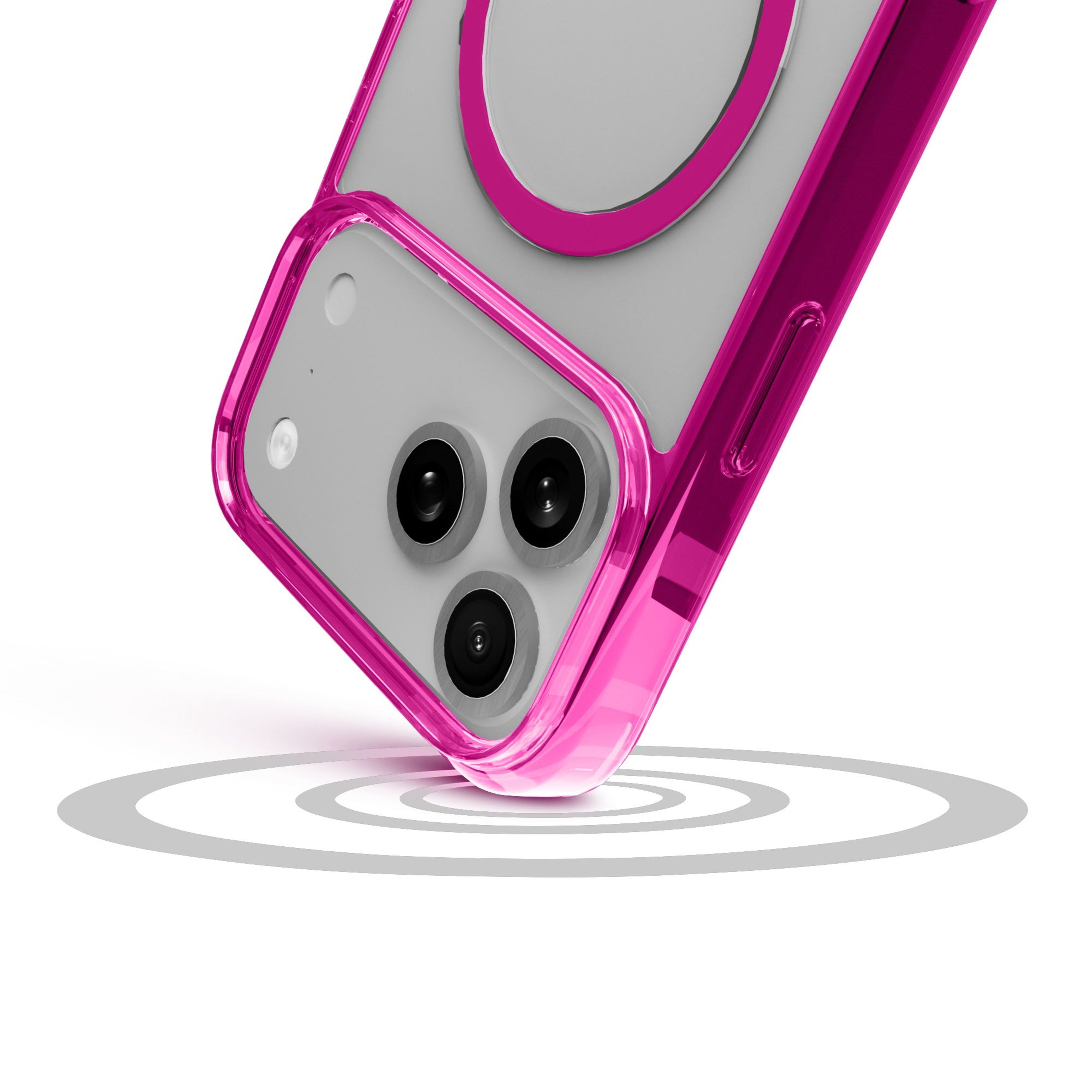 Ein iPhone in einer rosa Hülle. Drei Kameralinsen sind sichtbar. Das Telefon ist geneigt und wirft Schatten auf eine weiße Oberfläche.