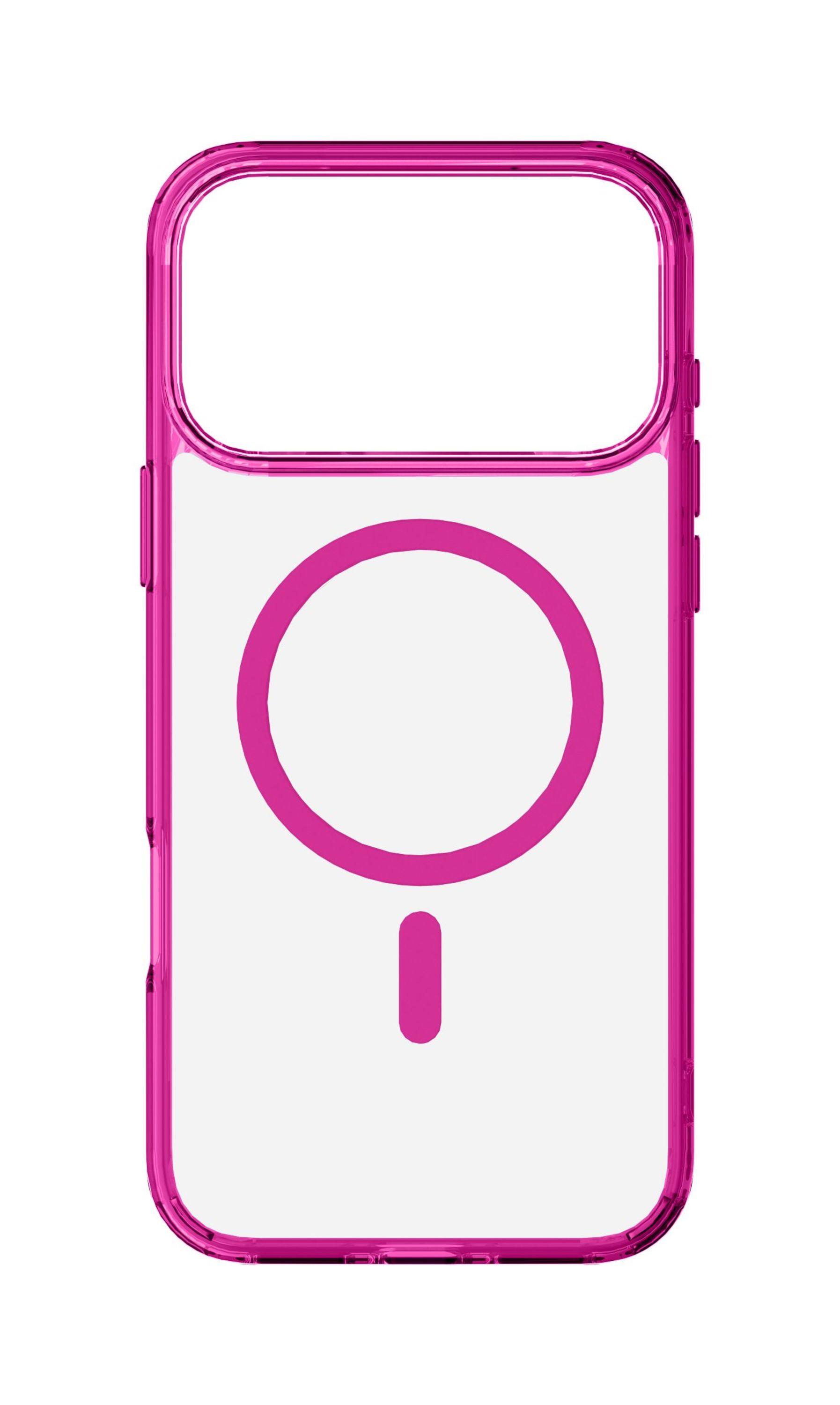 Eine transparente Handyhülle mit pinkfarbenem Rahmen. Sie hat einen pinkfarbenen Kreis und eine Linie auf weißem Grund.
