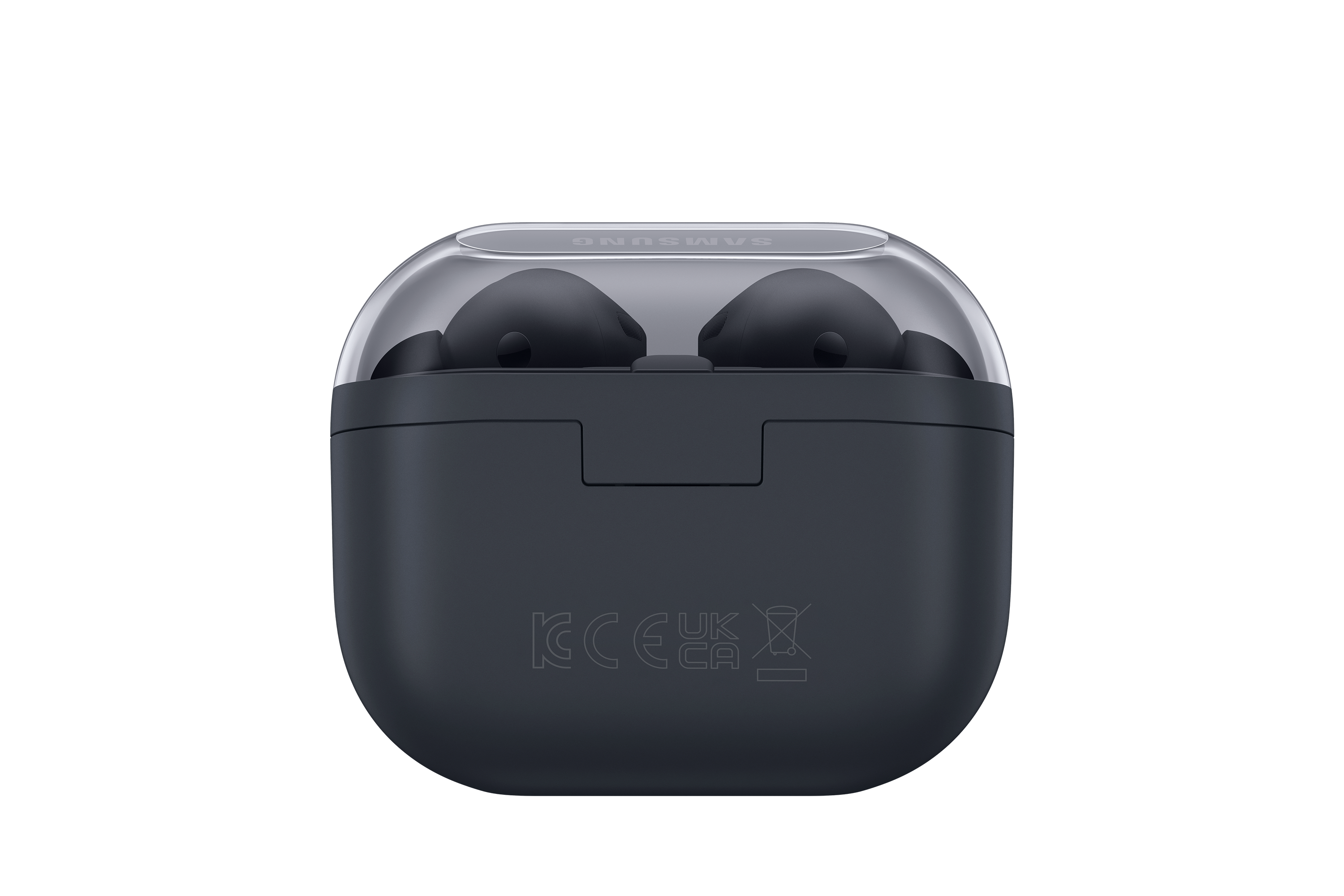 Şeffaf üst ve koyu gri tabana sahip kulaklık şarj kutusu. İçinde kulaklıklar. Samsung logosu görünür. Siyah arka plan.