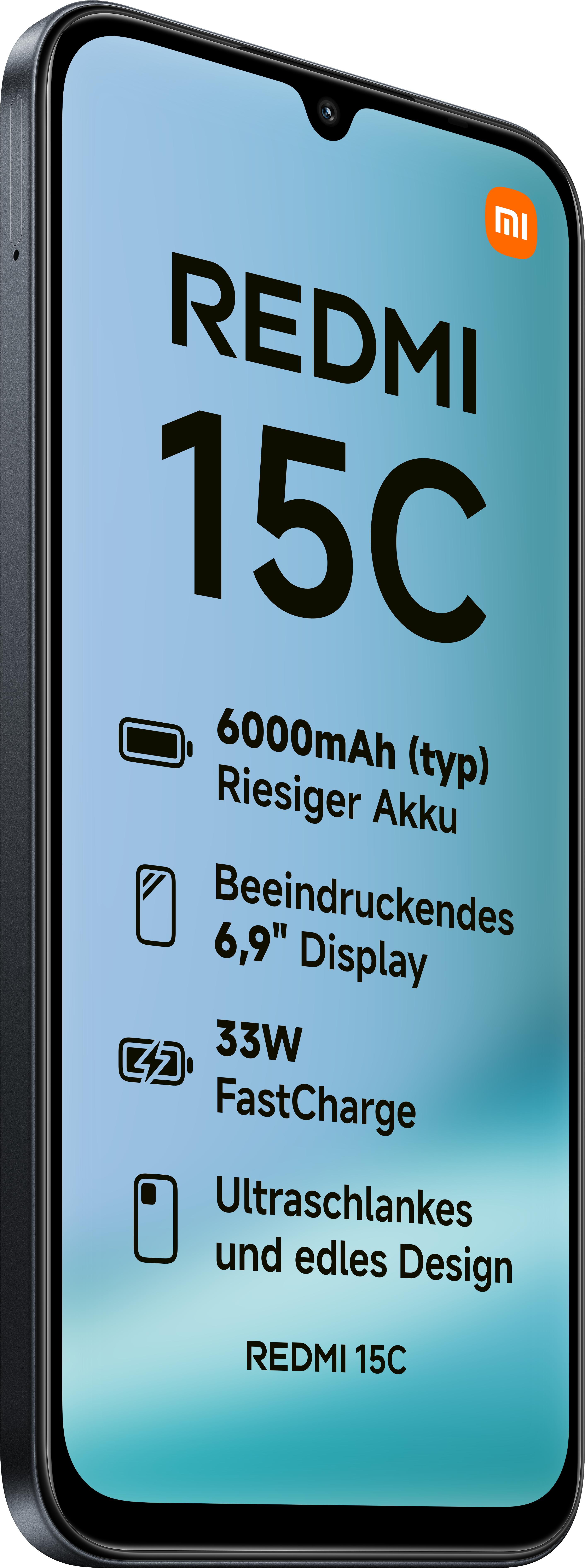Ein Smartphone-Bildschirm zeigt REDMI 15C mit Akku-, Bildschirmgröße-, Schnelllade- und Designdetails. Das Telefon hat eine Kamera.