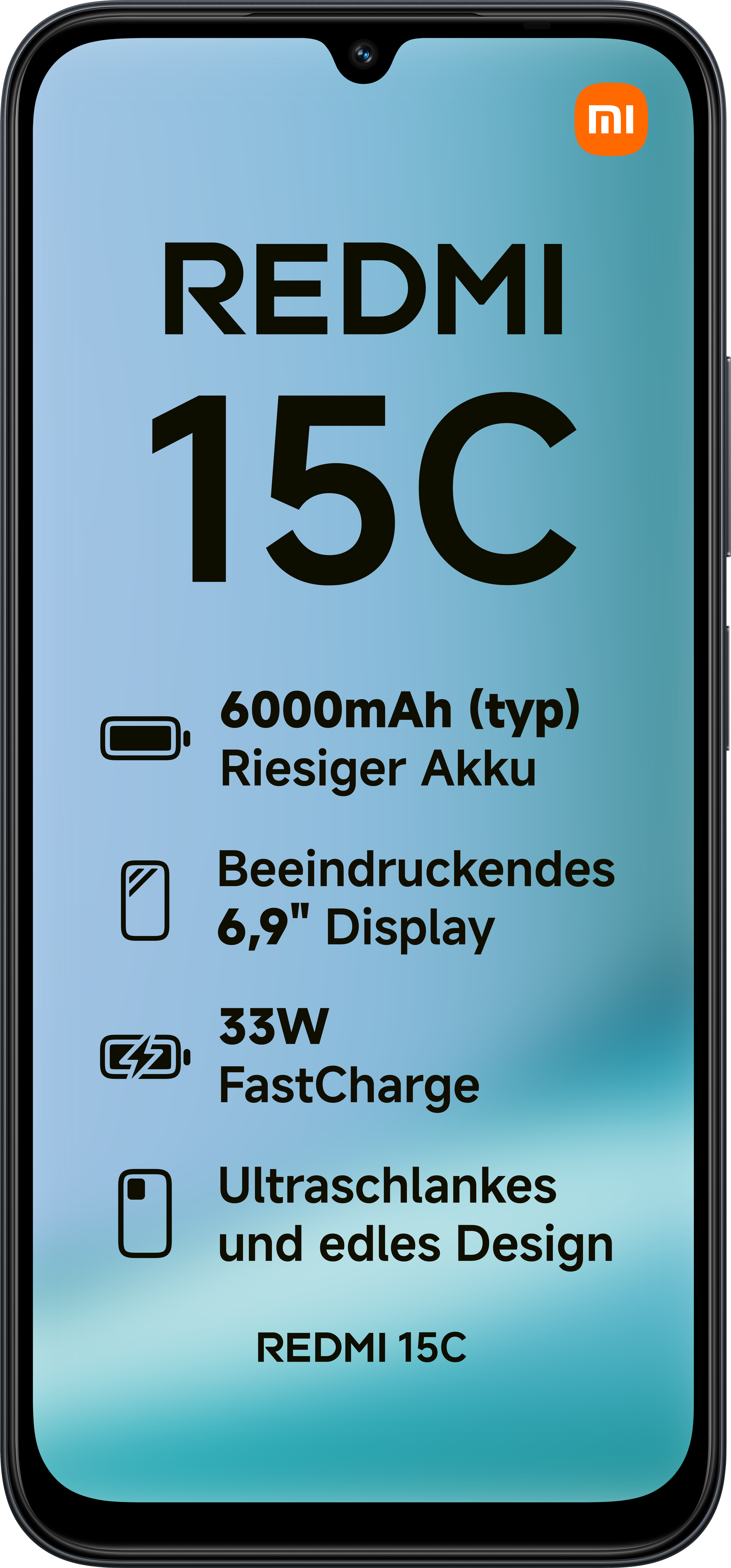 Ein schwarzes Smartphone zeigt 'REDMI 15C'. Merkmale sind 6000mAh Akku, 6,9" Display, 33W FastCharge und schlankes Design.