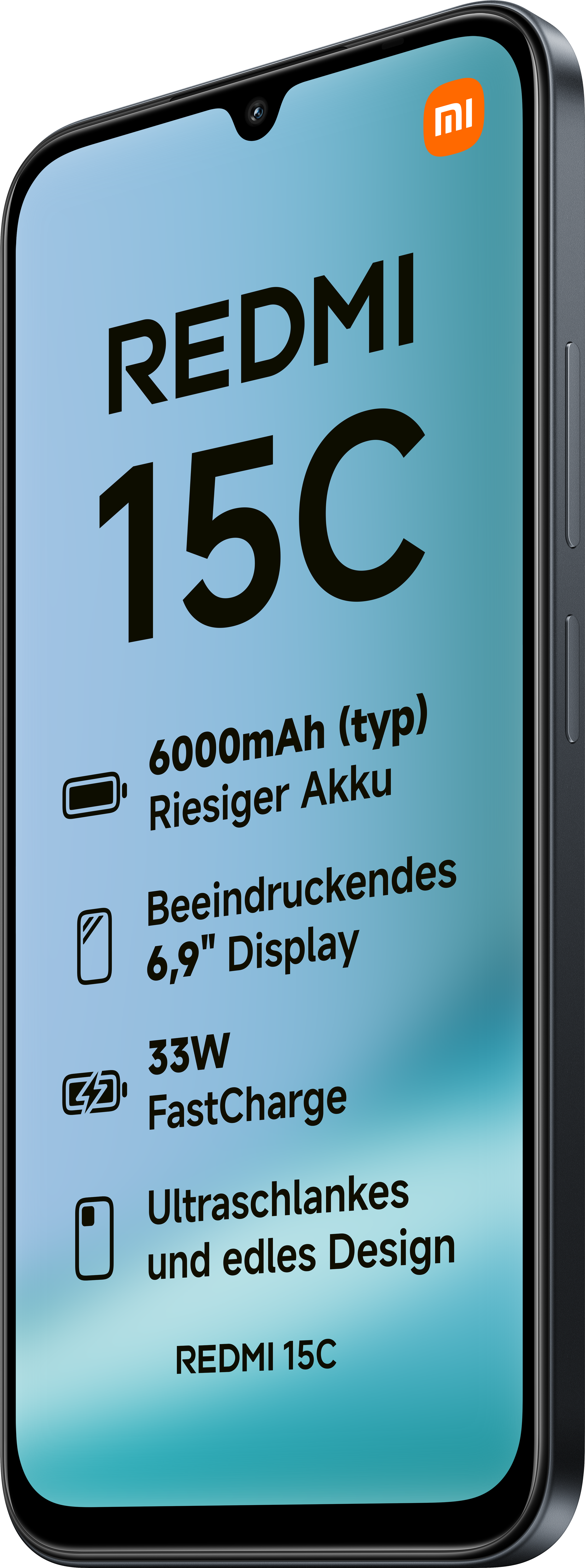 Ein schwarzes Smartphone zeigt das Redmi 15C. Zu den Merkmalen gehören ein großer Akku, ein Display und schnelles Aufladen.
