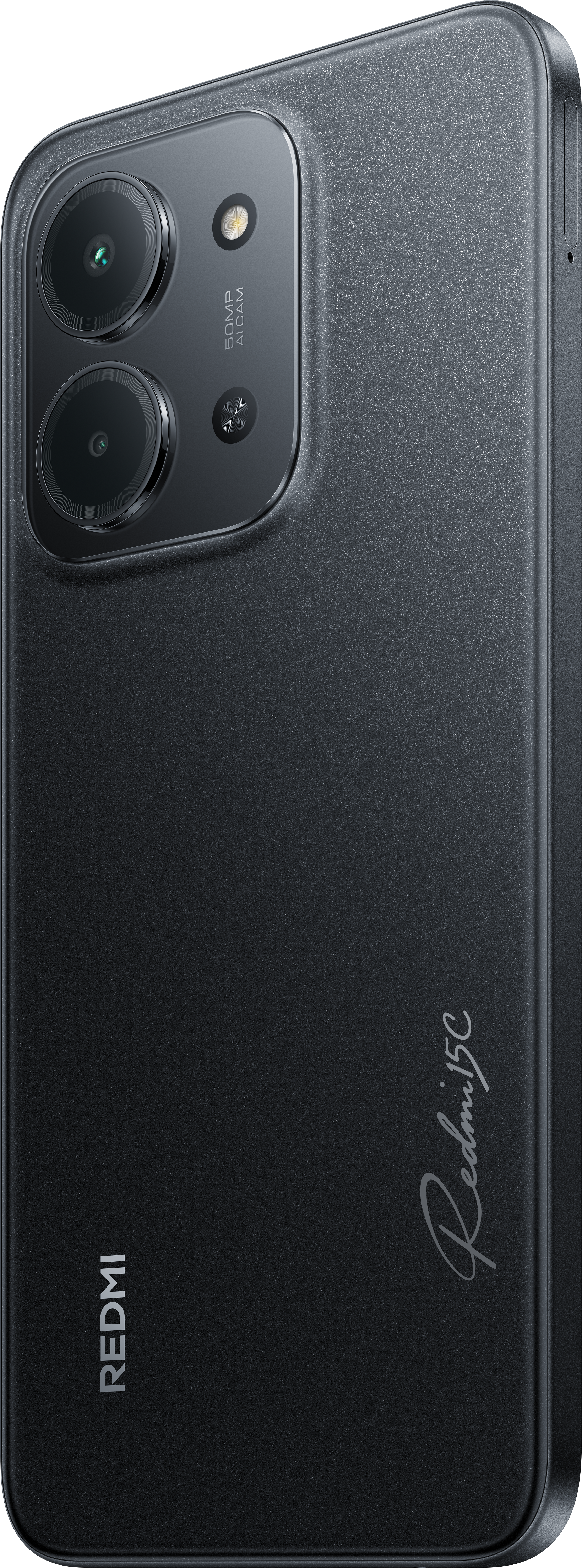 Schwarze Smartphone-Rückseite mit Kameras und Redmi 15C-Logo. Redmi-Logo links unten.